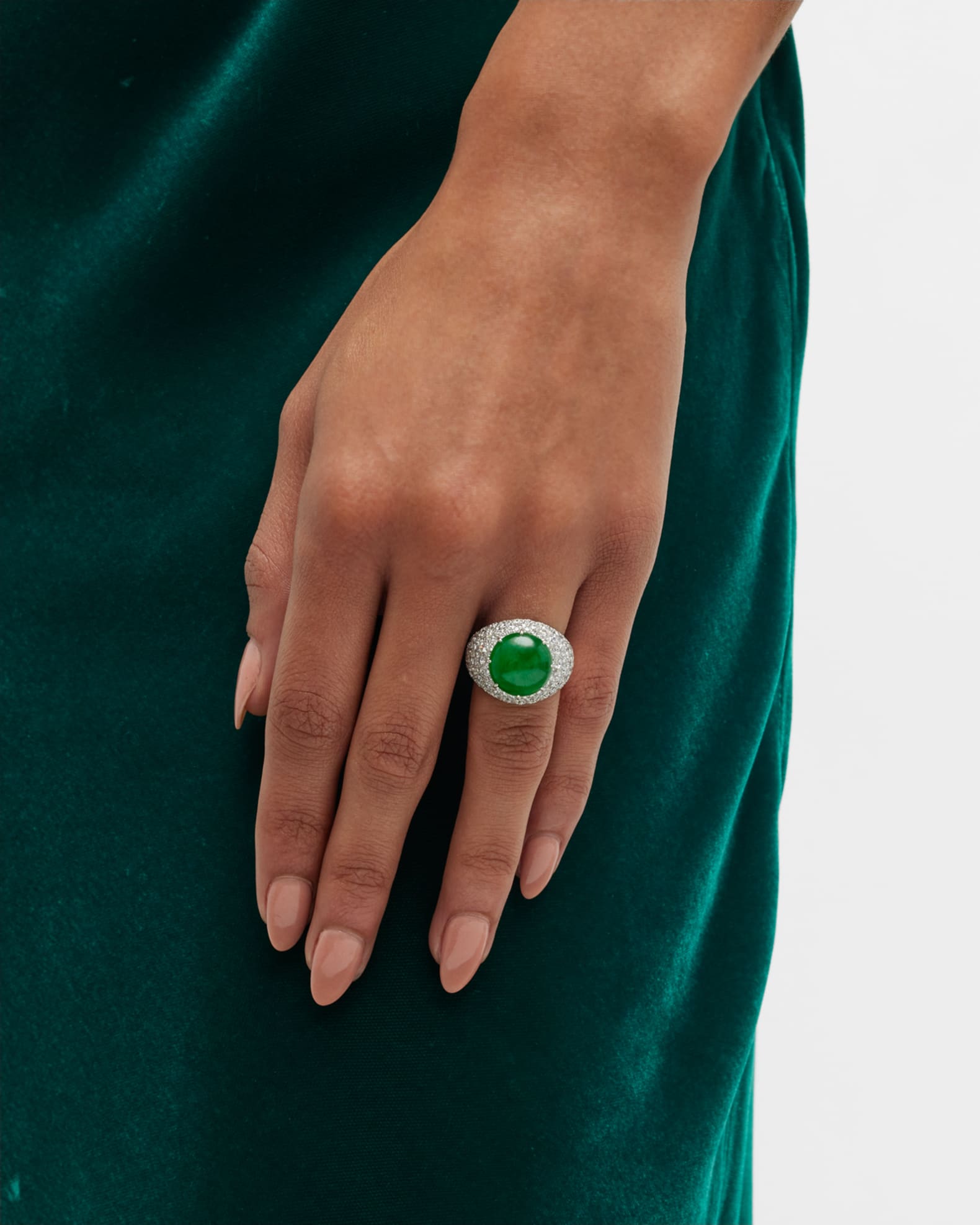 Estate Jade and Pave Diamond Domed Statement Ring, Size 5 1