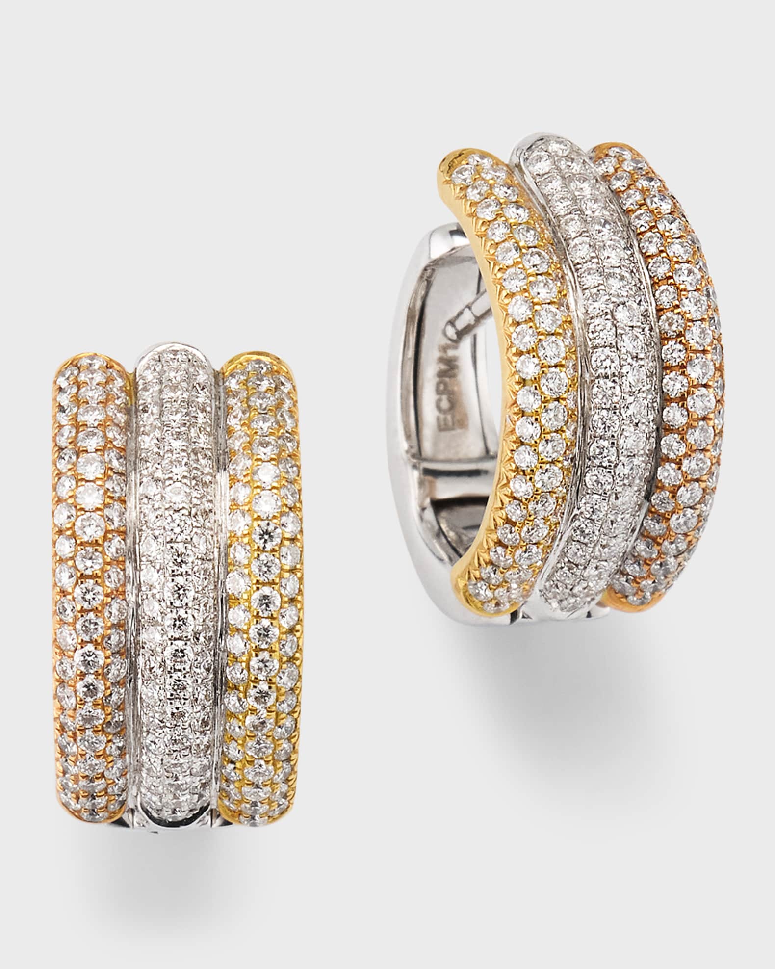 Pave 18K Tricolor Diamond Huggie Hoop Earrings 0