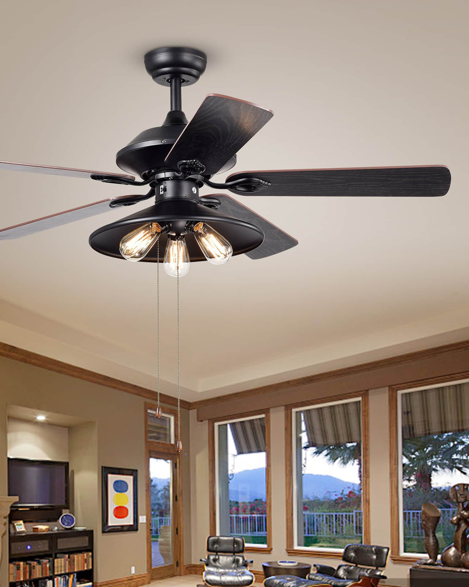 52" Industrial Ceiling Fan 5-Lights Edison Bulb Chandeliers Lamp Ceiling Light 