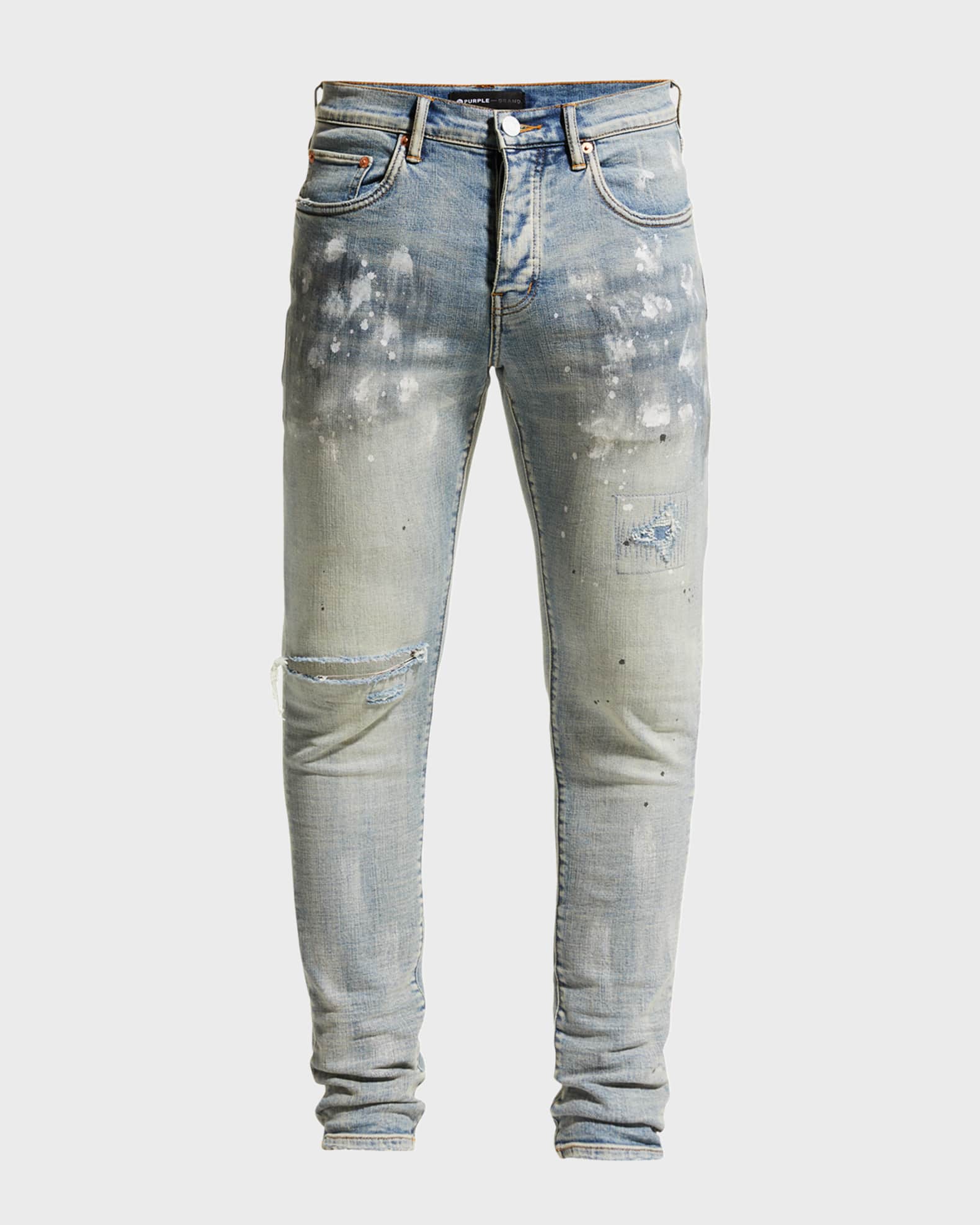 PURPLE Men's P001 Light Indigo Paint Blowout Skinny Jeans | Neiman Marcus
