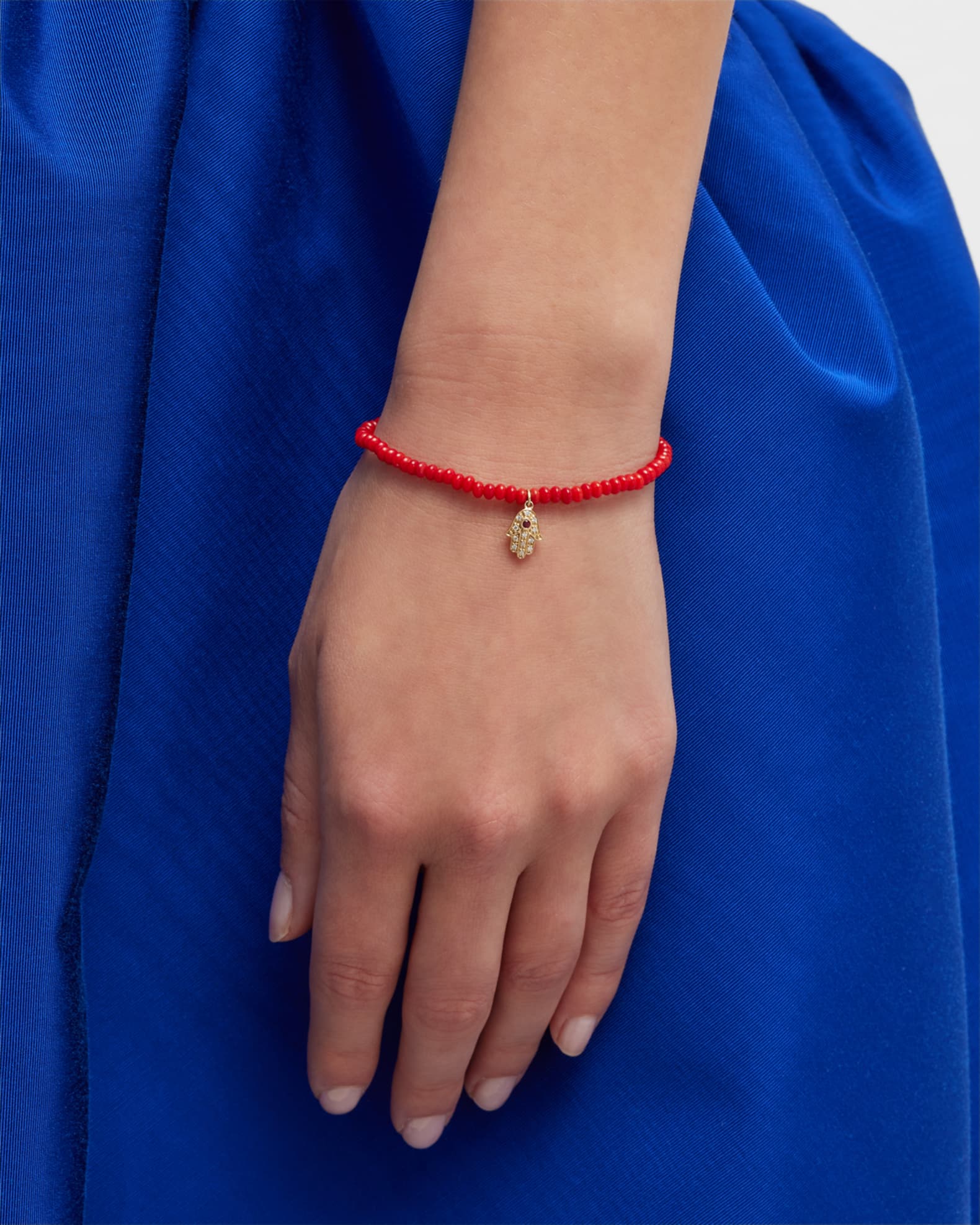 3mm Beaded Coral Bracelet with Diamond Hamsa Pendant 1