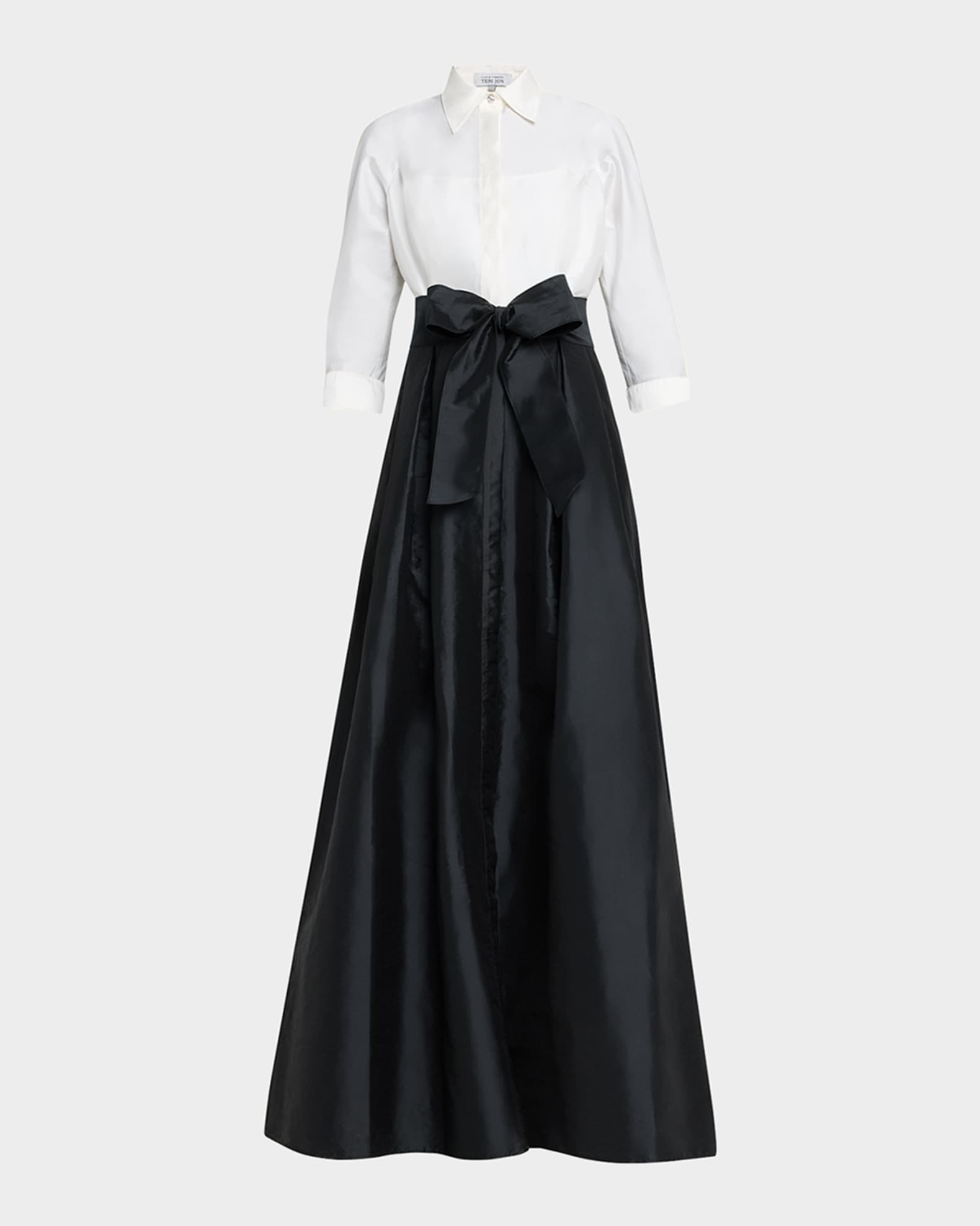 Two-Tone 3/4-Sleeve Taffeta Shirtdress Gown 0