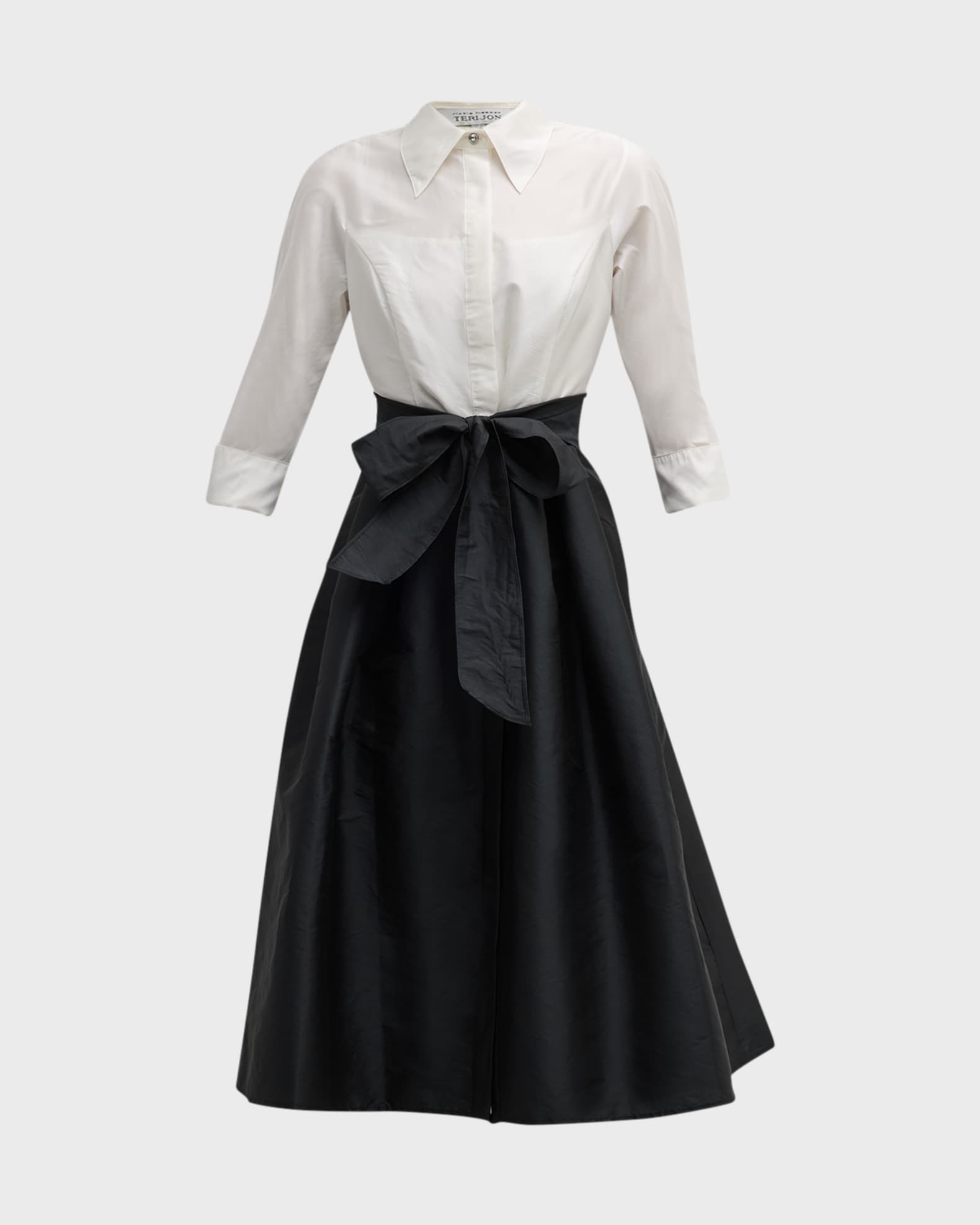 Two-Tone 3/4-Sleeve Taffeta Shirtdress 0