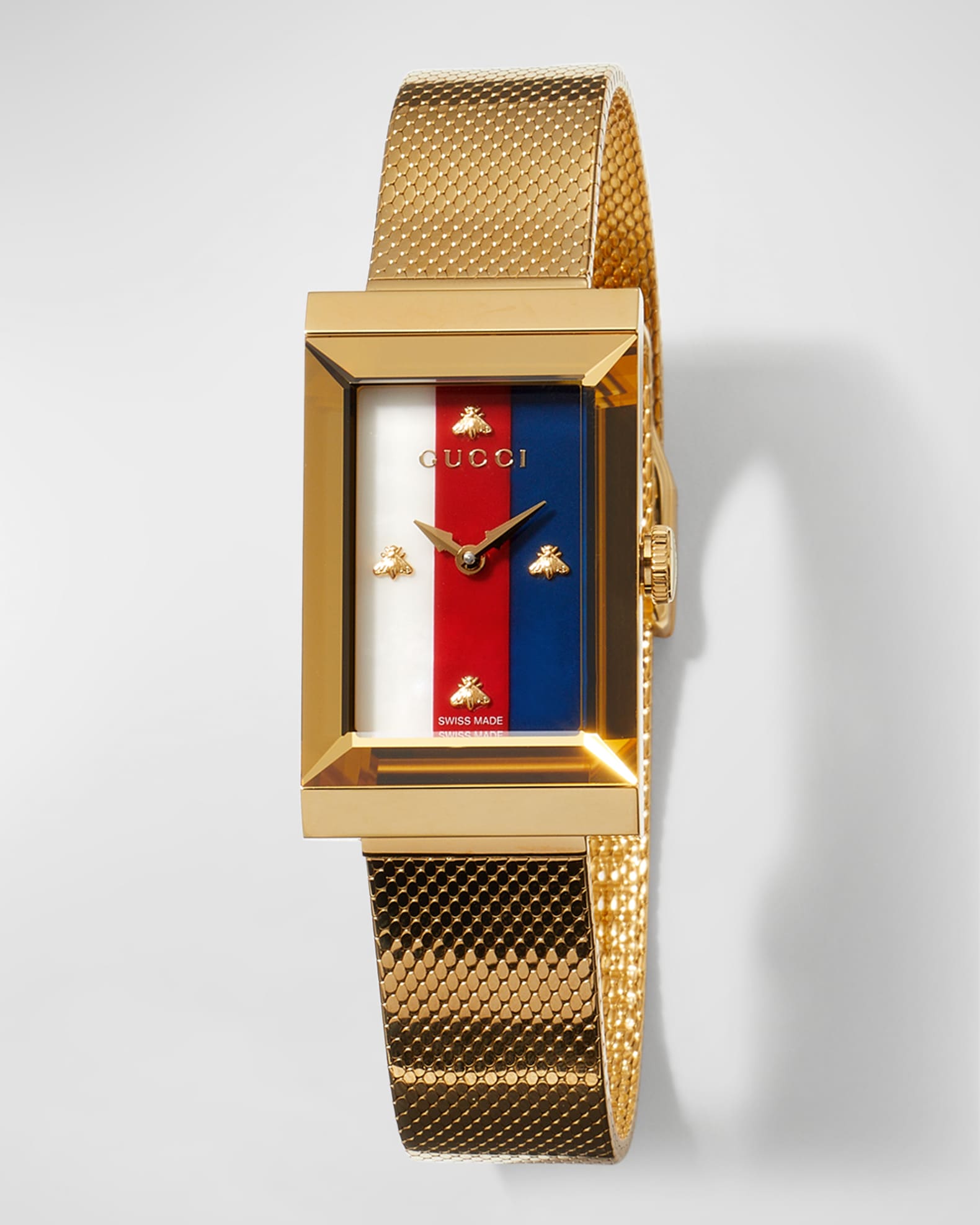 G-Frame Rectangular Mother-of-Pearl Watch w/ Mesh Strap, Gold