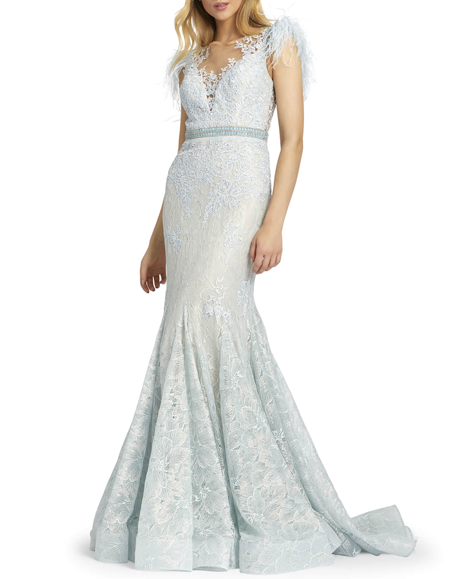 feather embellished gown
