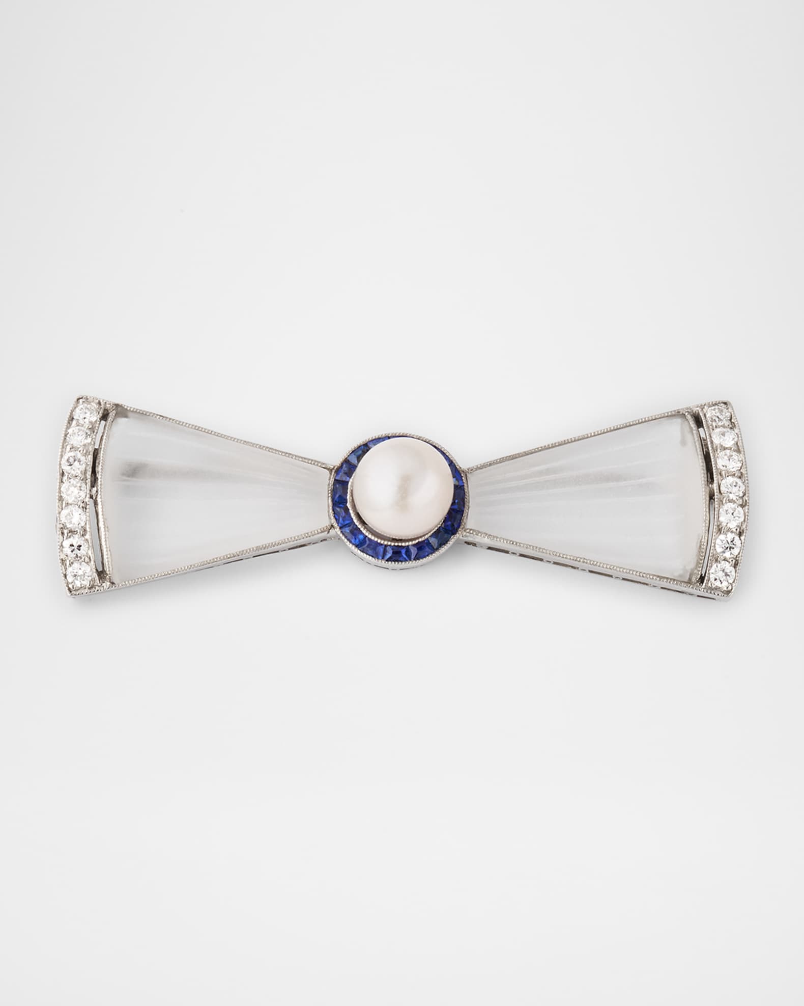 Estate Platinum Diamond and Pearl Bow Pin with Sapphires 0
