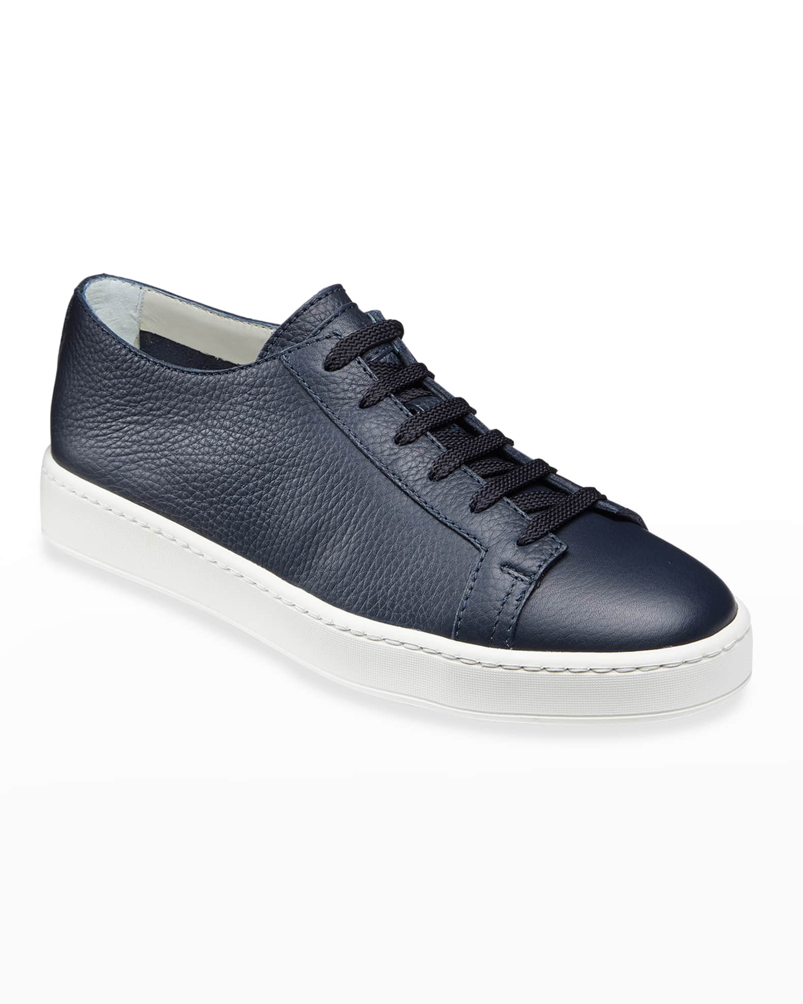 Santoni Men's Clean Iconic Leather LowTop Sneakers, Navy Neiman Marcus