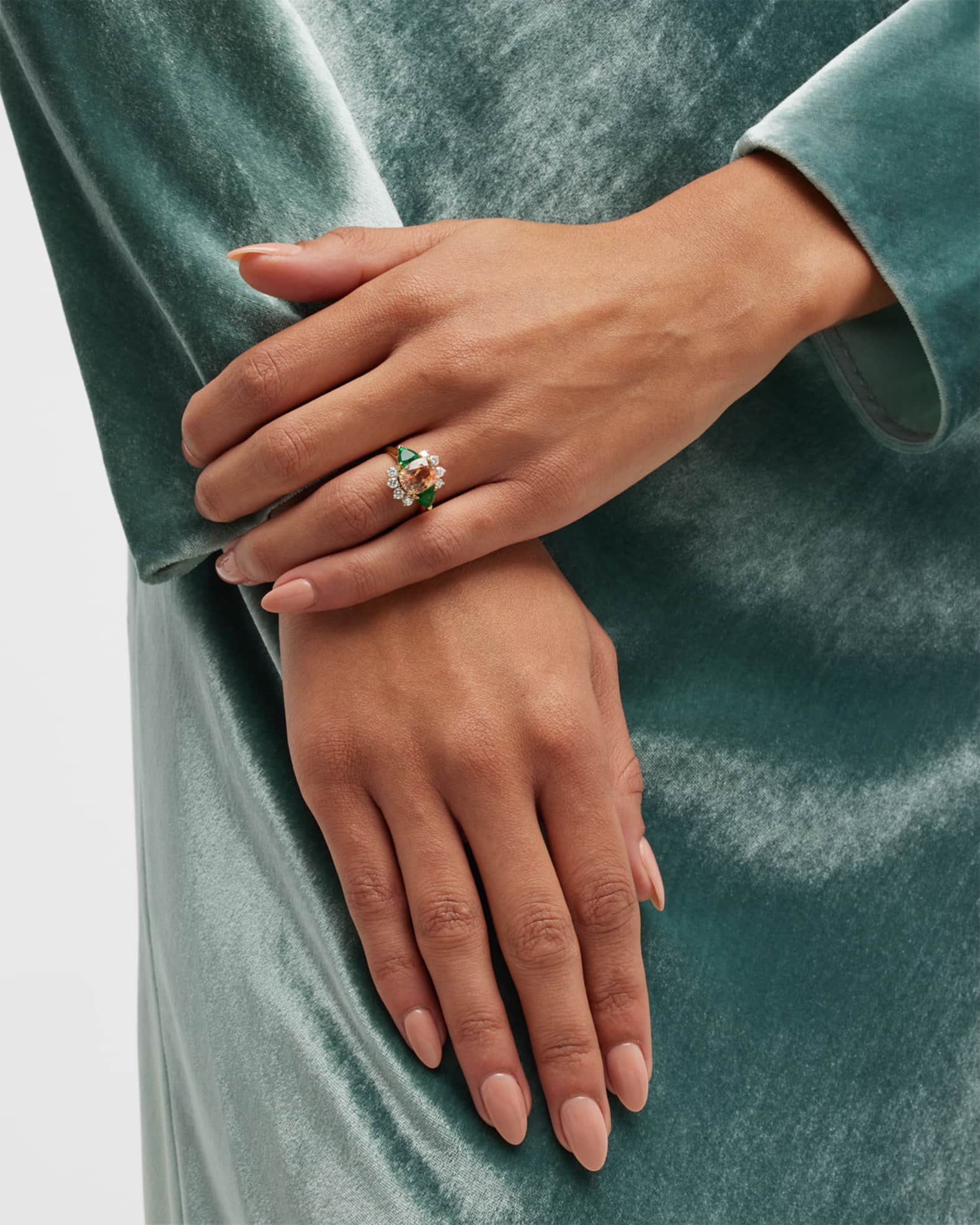 Estate 18K Yellow Gold Orange Sapphire Trillion Emerald and Diamond 3 Stone Ring Size 6.5