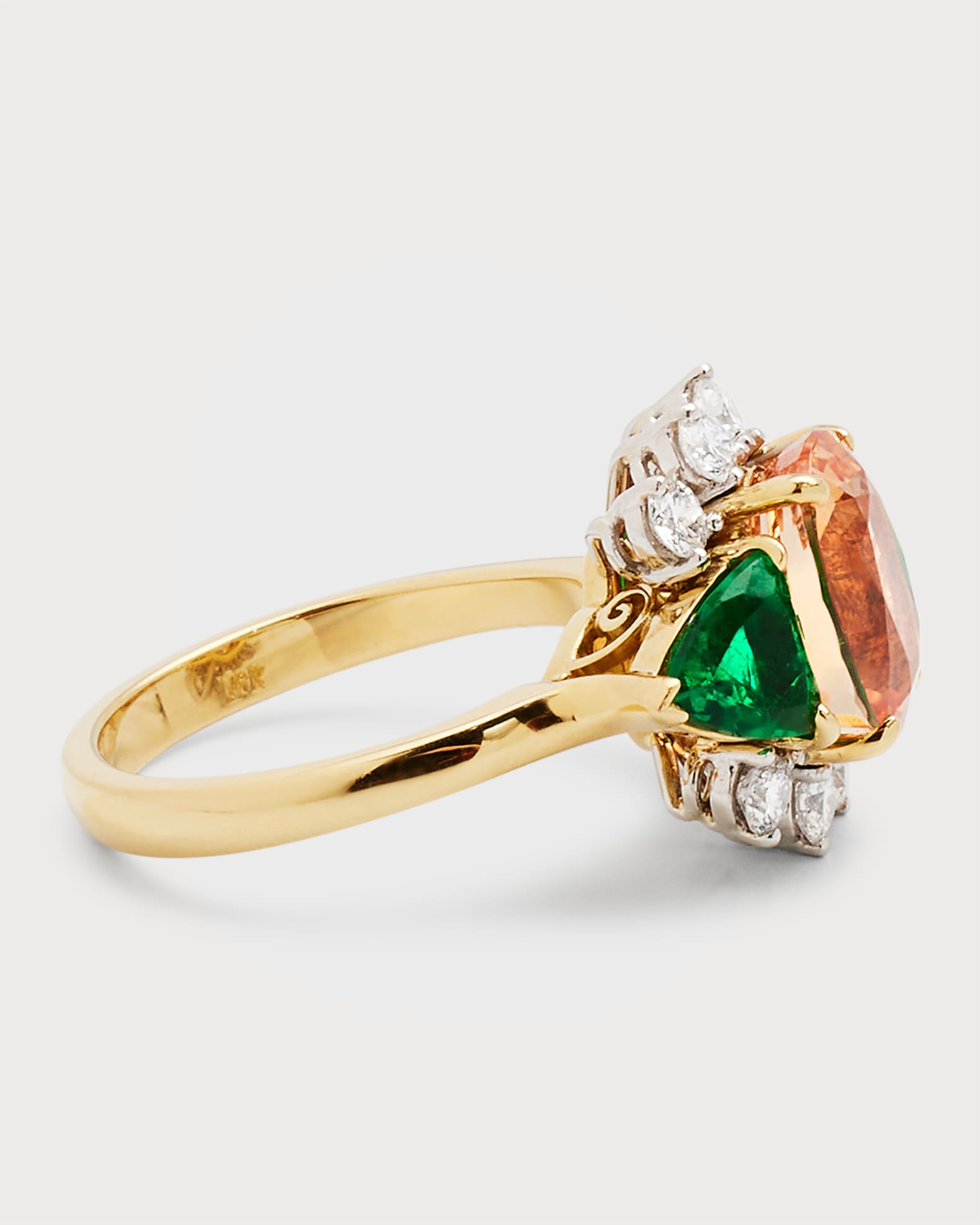 Estate 18K Yellow Gold Orange Sapphire Trillion Emerald and Diamond 3 Stone Ring Size 6.5