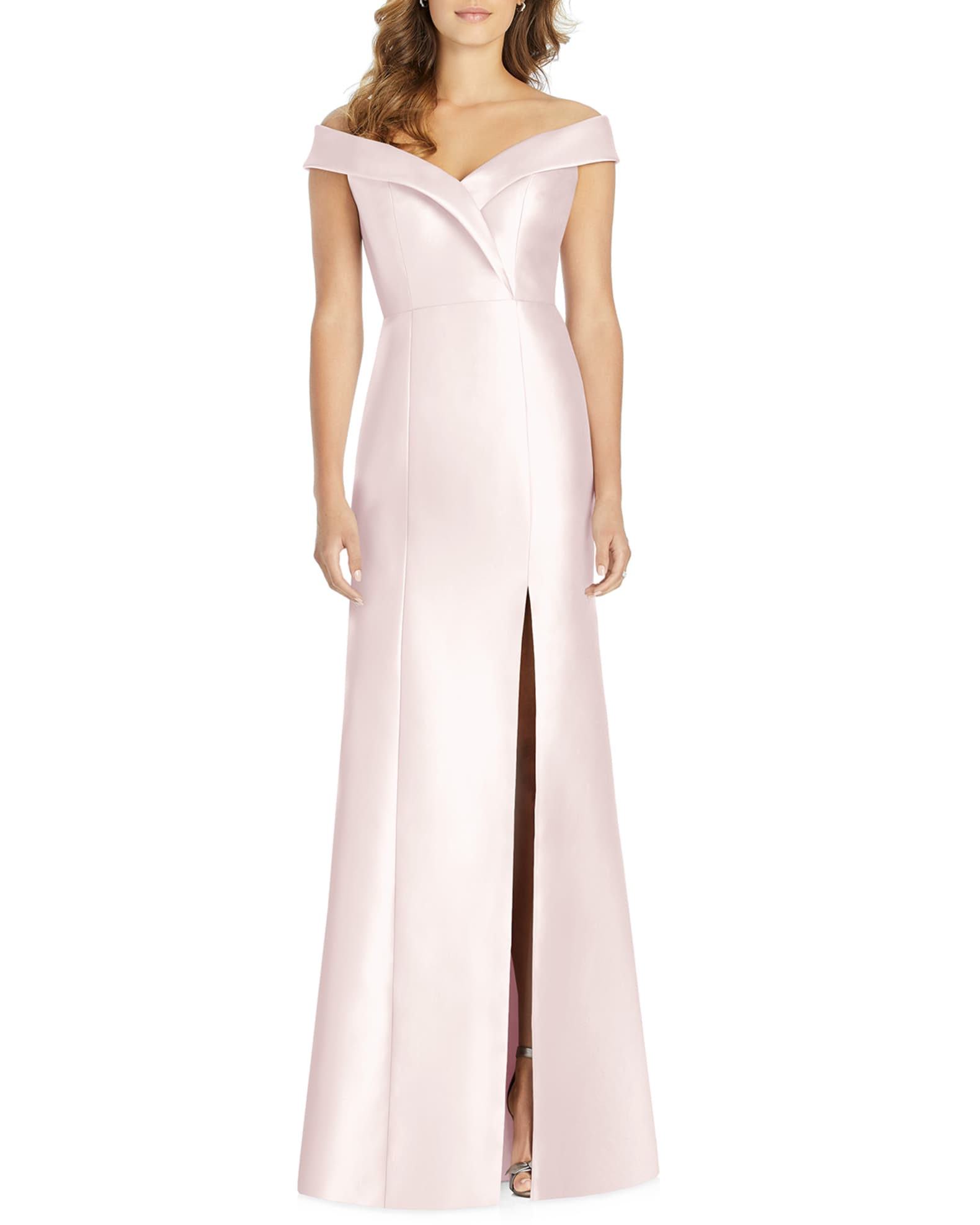 Alfred Sung Off-the-Shoulder Short-Sleeve Gown with Slit | Neiman Marcus