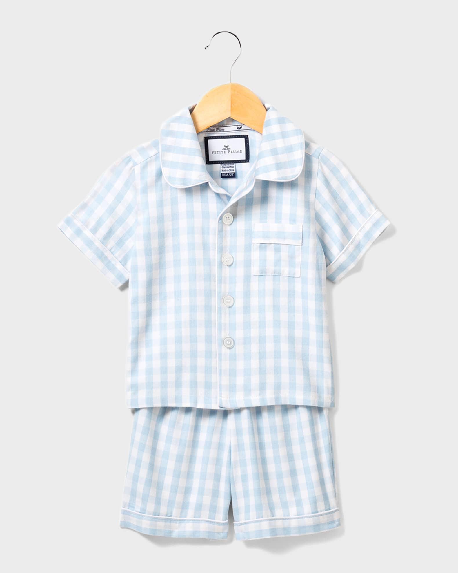 Petite Plume Kid's Gingham Pajama Set w/ Contrast Piping, Size 6M-14