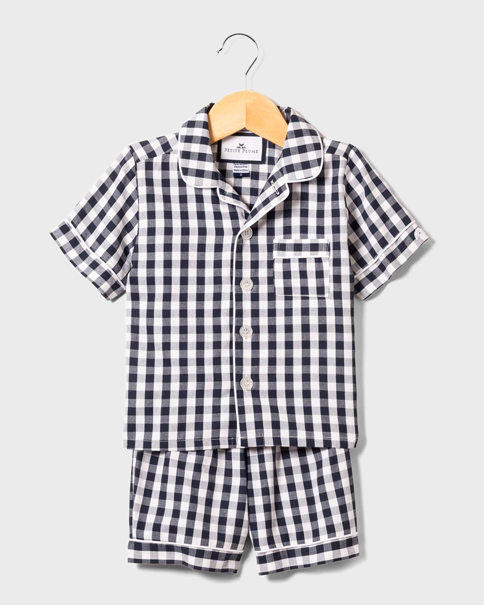 Petite Plume Kid's Gingham Twill Pajama Set w/ Contrast Piping, Size 6M-14