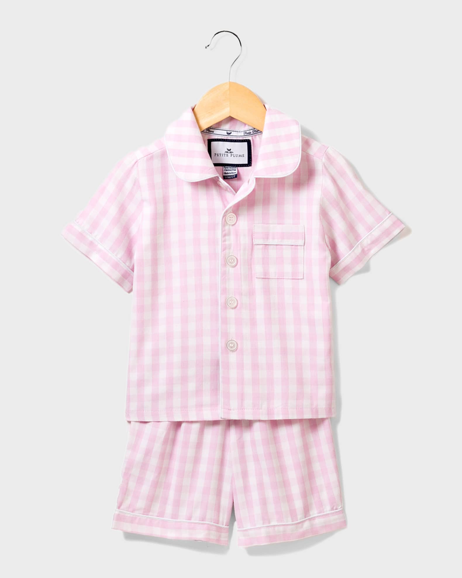 Petite Plume Kid's Gingham Pajama Set w/ Contrast Piping, Size 6M-14