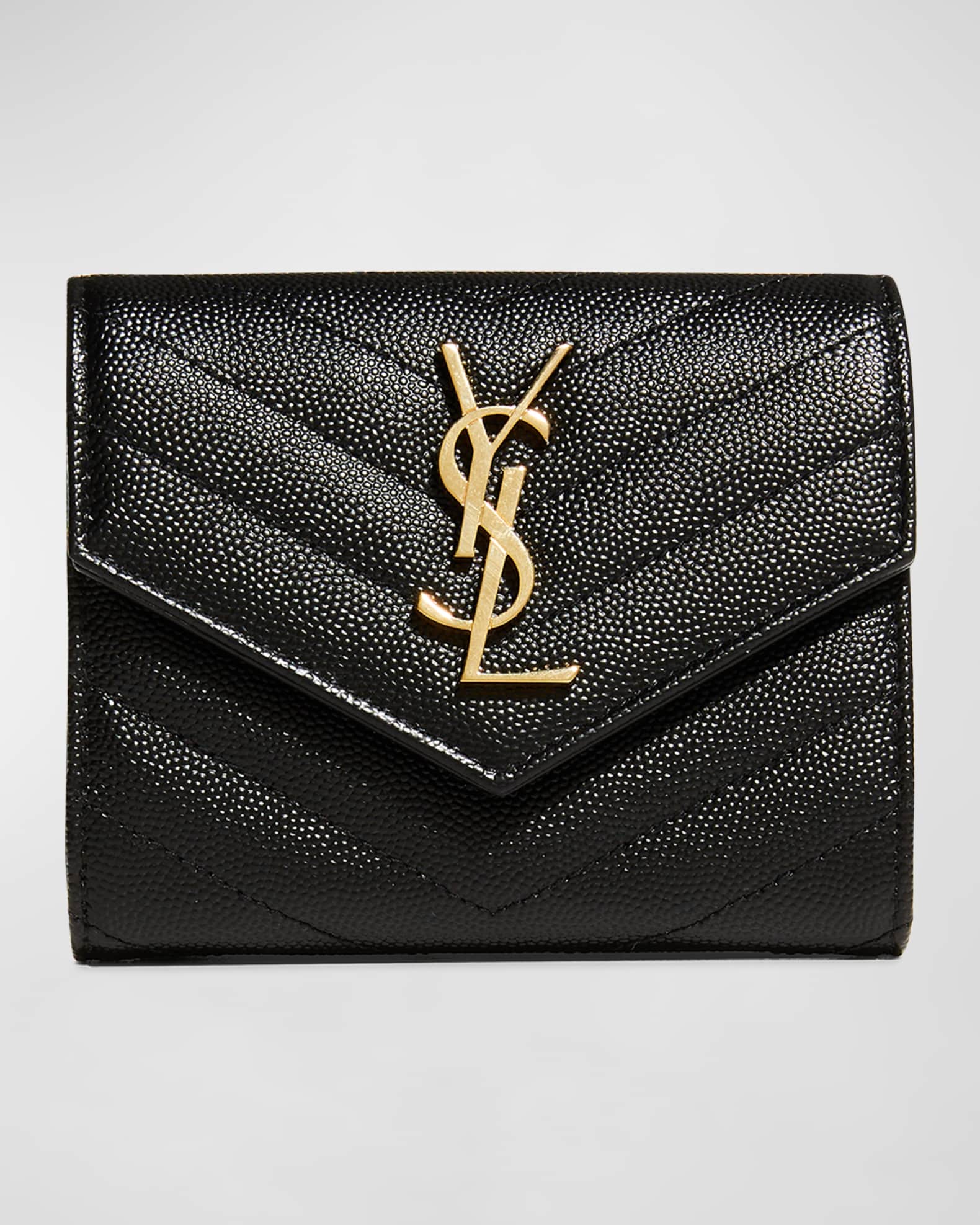 Saint Laurent YSL Monogram Trifold Wallet in Grained Leather