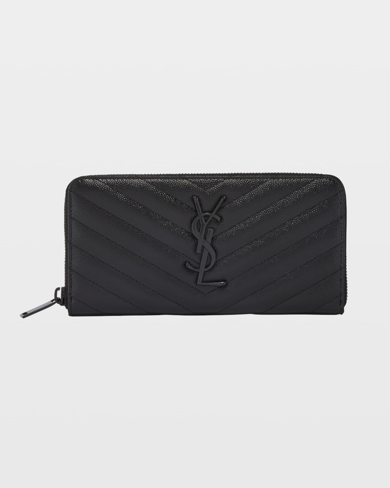 Saint Laurent Black Monogram Chevron Leather Compact Zip Around Wallet