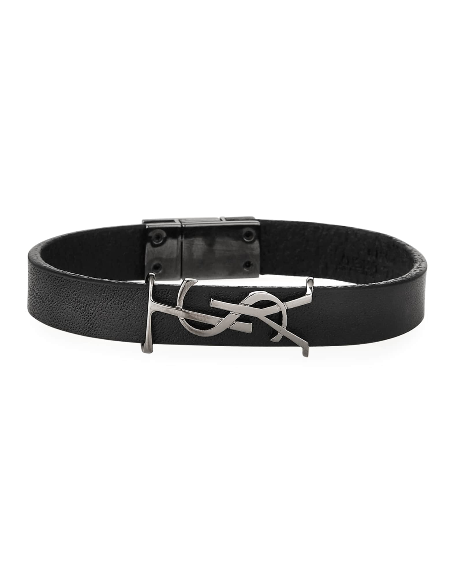 Saint Laurent Leather Ysl Monogram Double-Wrap Bracelet, Black