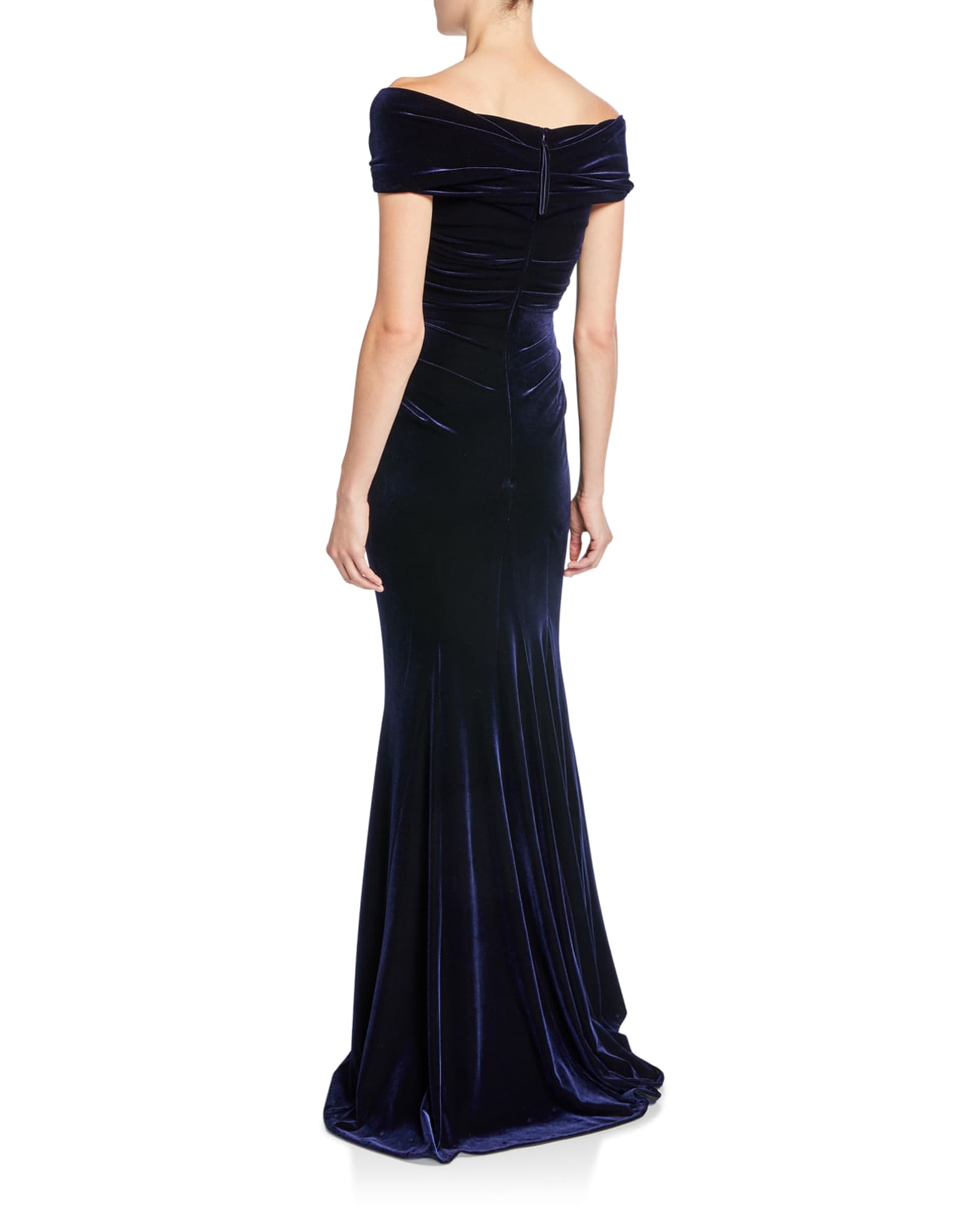 Talbot Runhof Stretch Velvet Off Shoulder Short Sleeve Mermaid