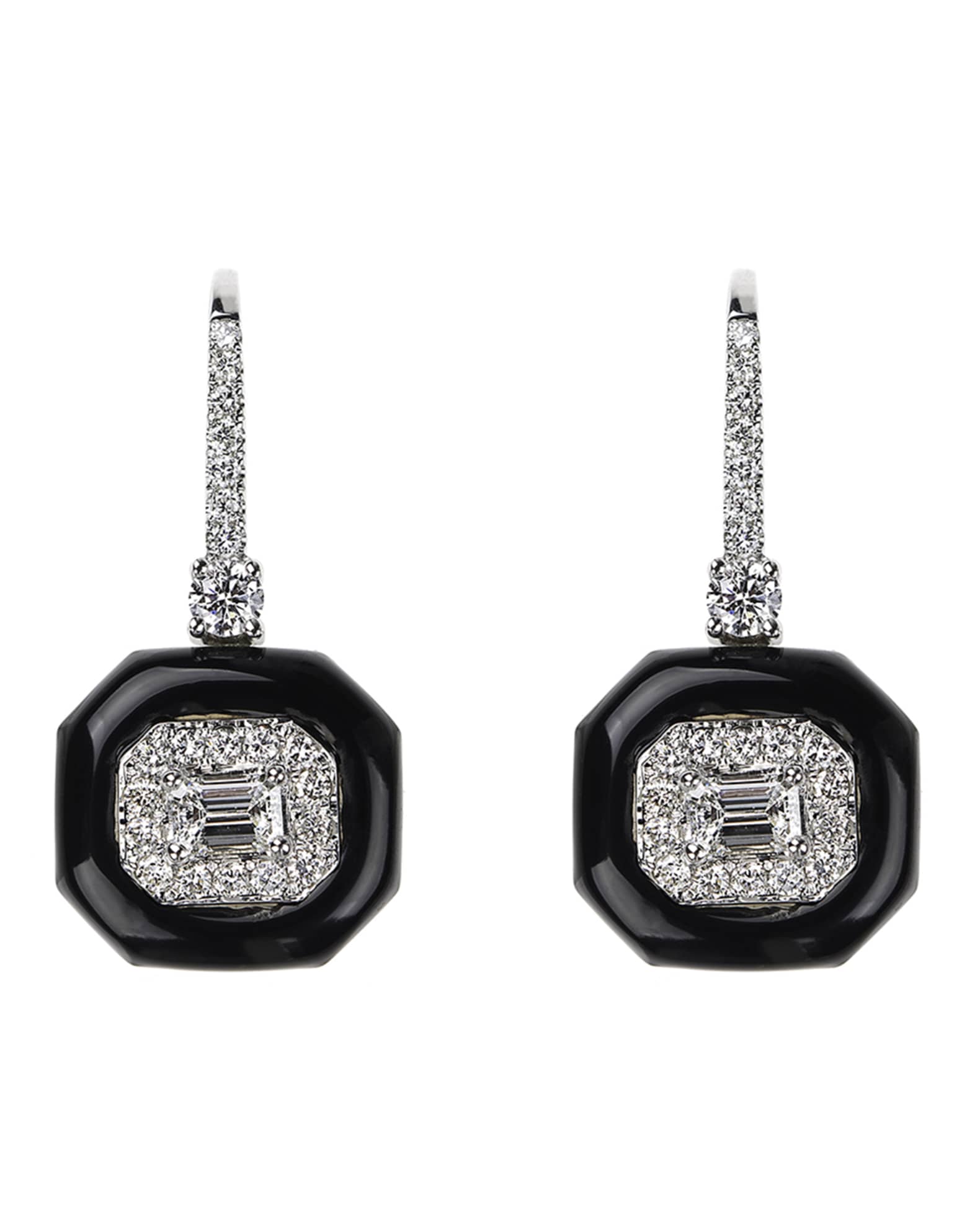 Oui 18k White Gold Diamond & Black Enamel Drop Earrings 0