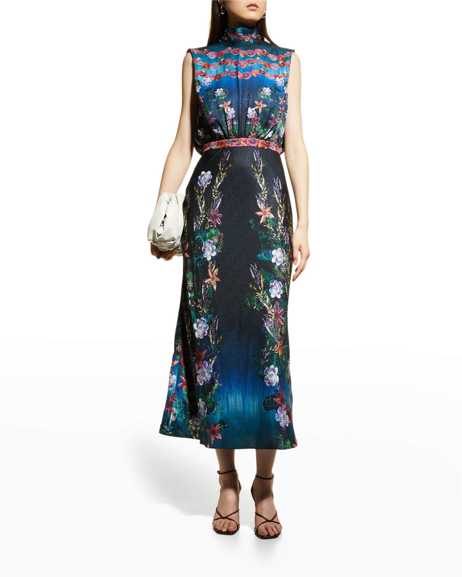 Saloni Fleur Silk Tie-Back Midi Dress | Neiman Marcus