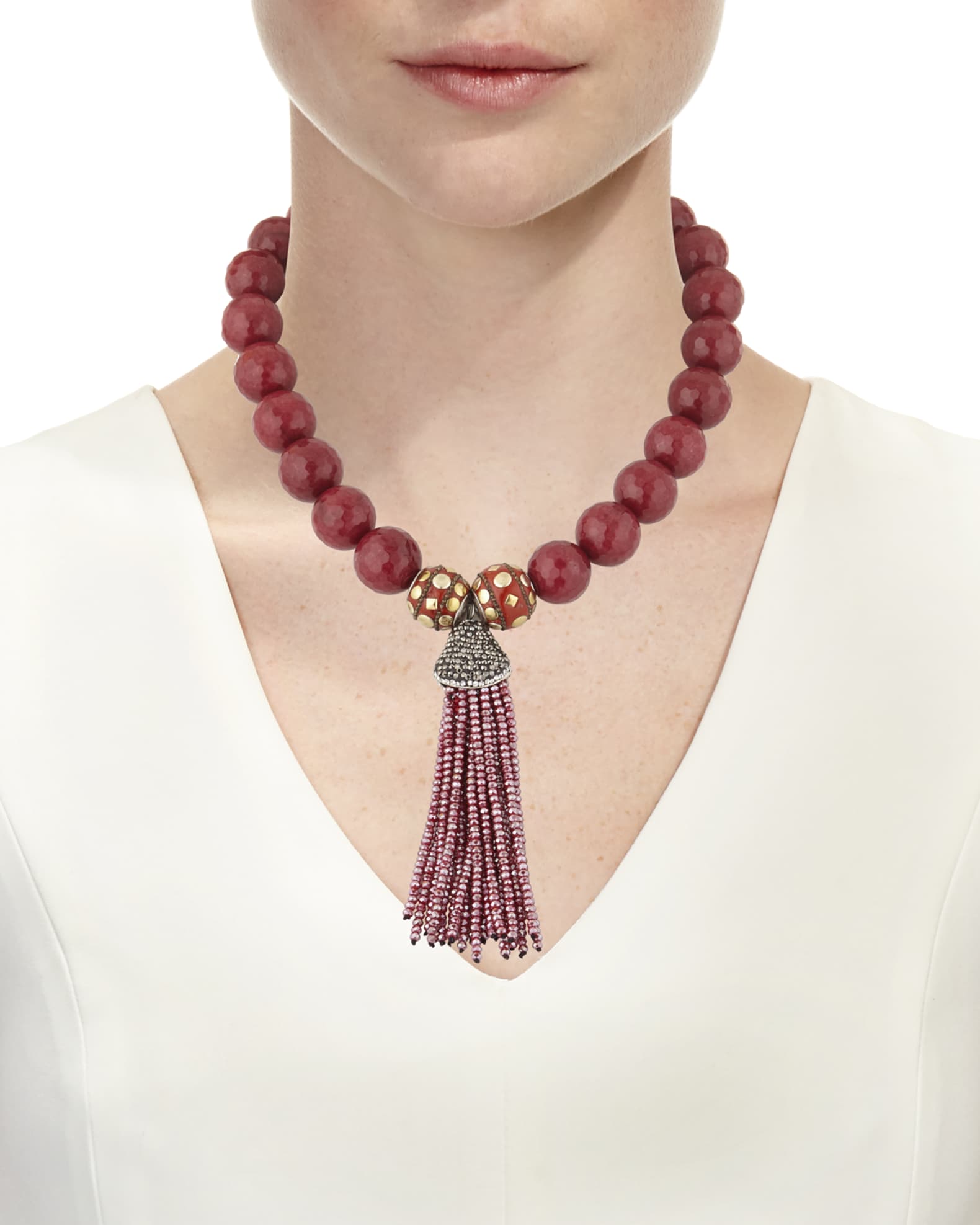 Jade Bead Necklace w/ Crystal Tassel 1