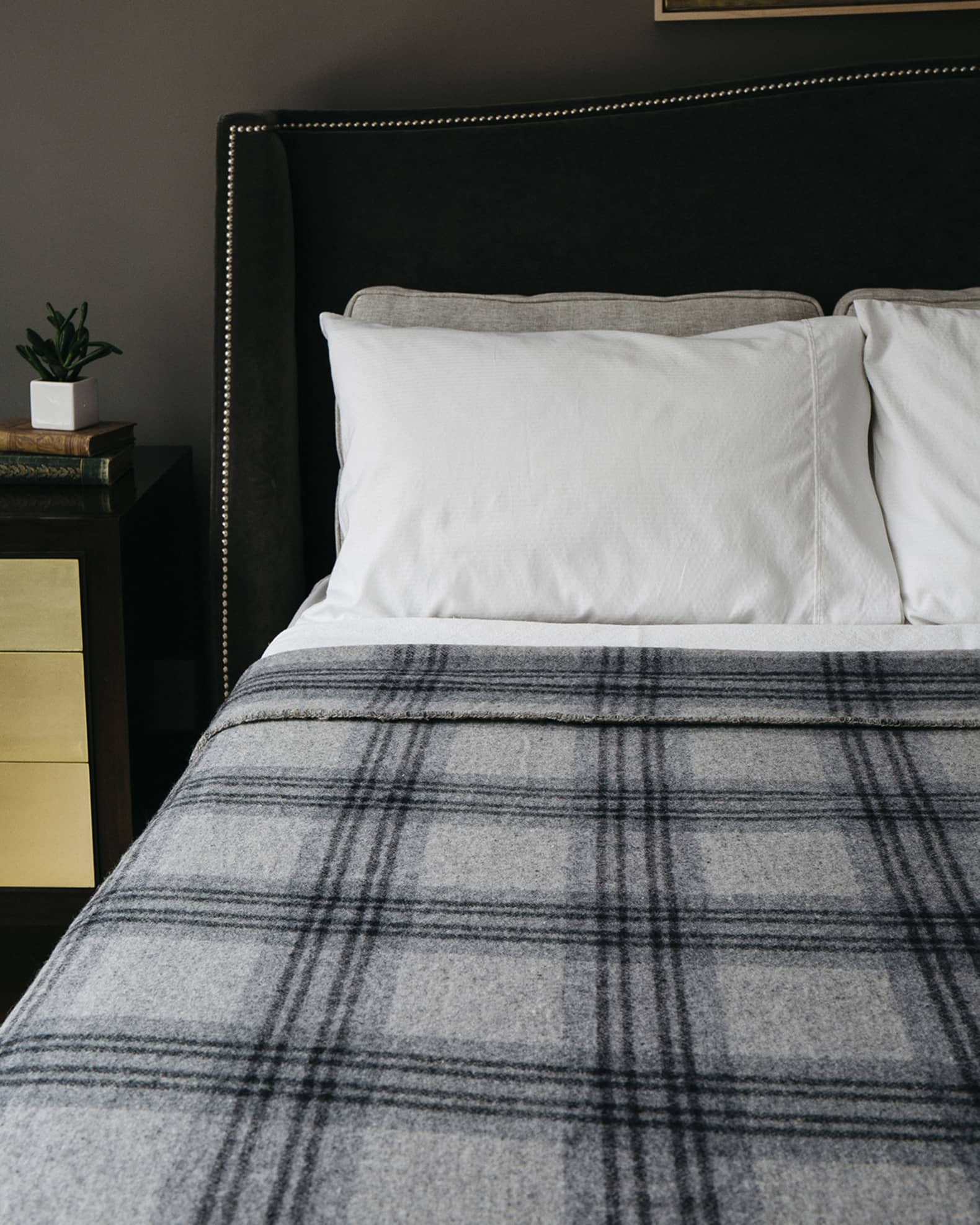 Evangeline Linens Plaid Merino Wool King Blanket, Fog/Ledge Neiman Marcus