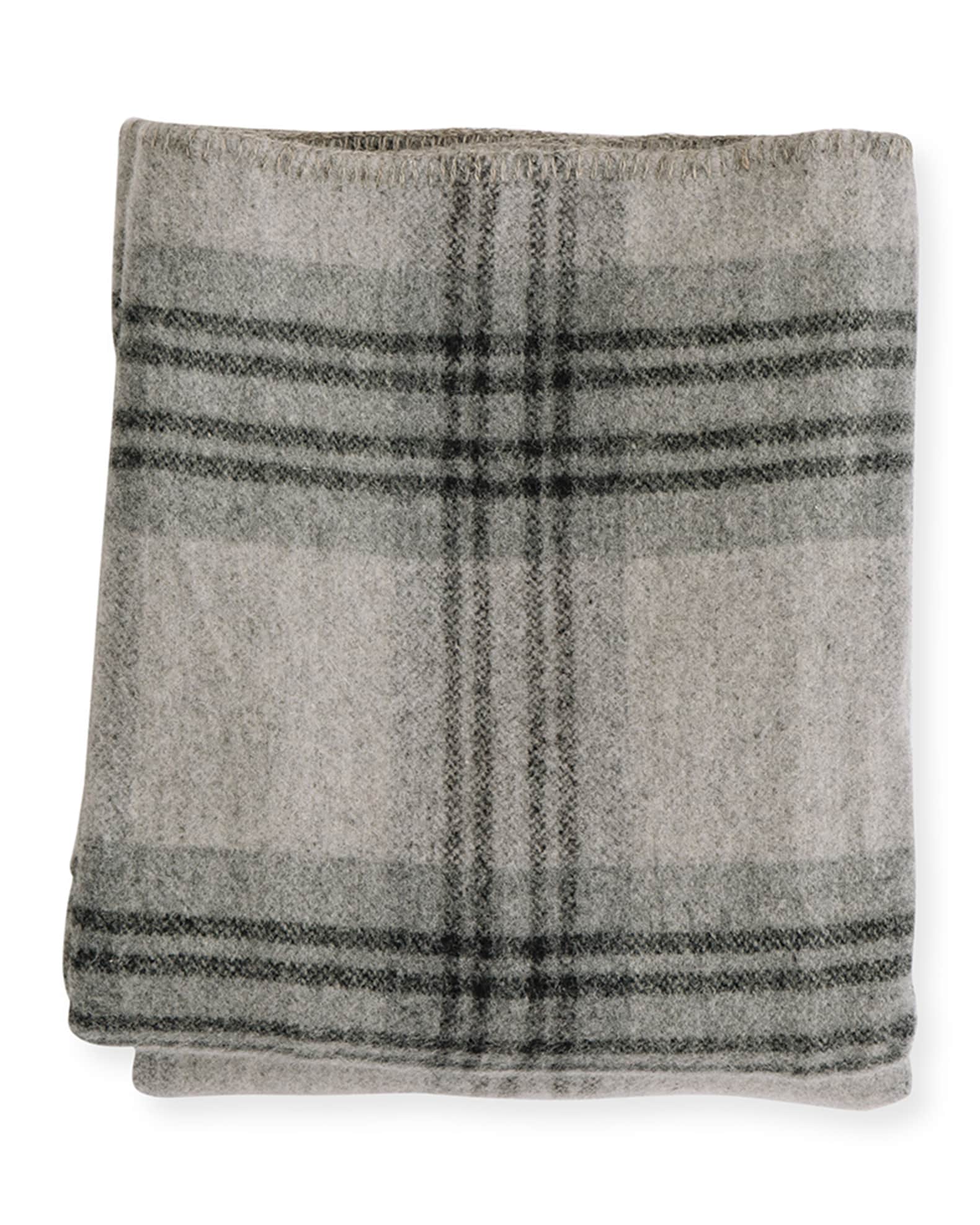 Evangeline Linens Plaid Merino Wool King Blanket, Fog/Ledge | Neiman Marcus