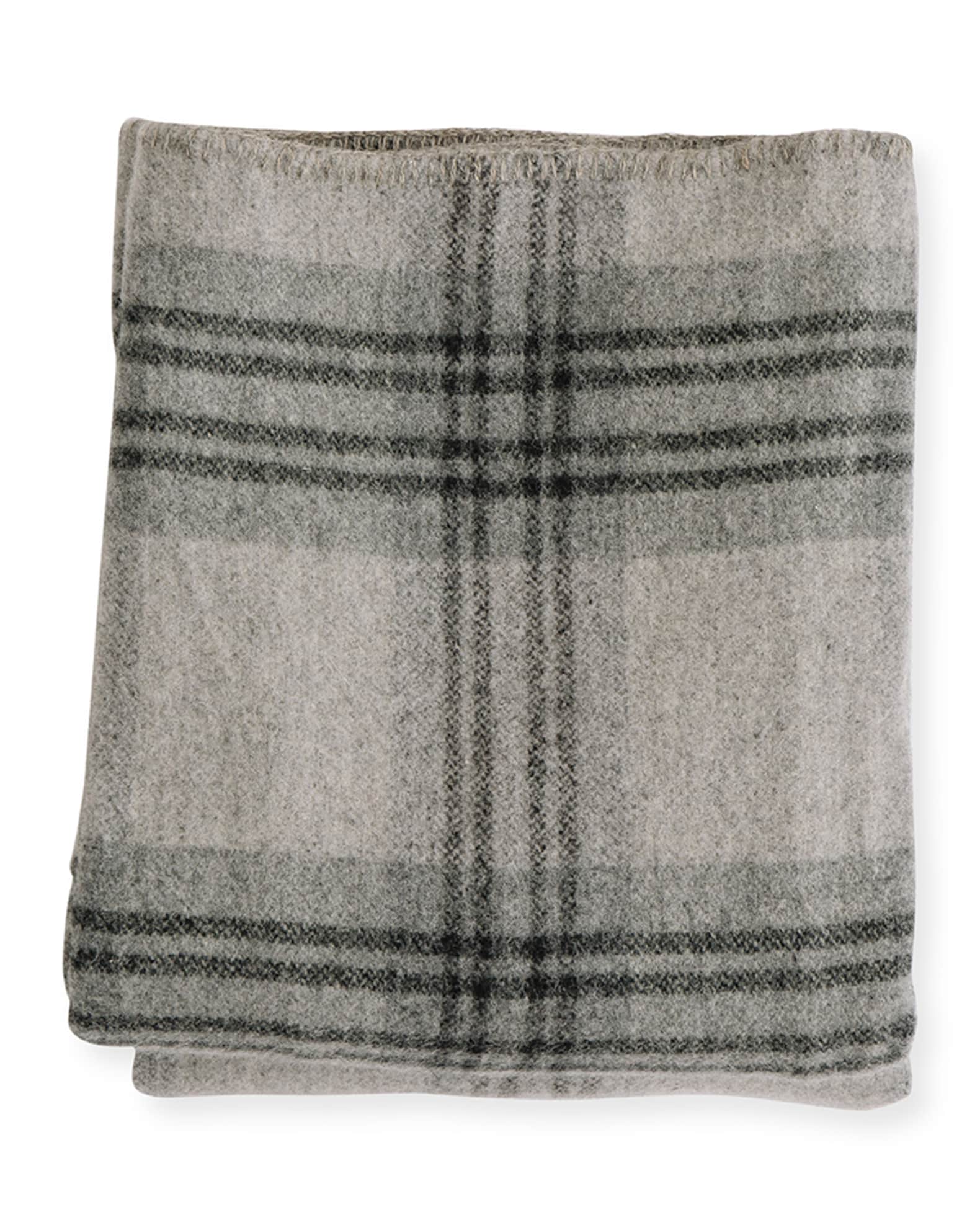 Evangeline Linens Plaid Merino Wool King Blanket, Fog/Ledge Neiman Marcus