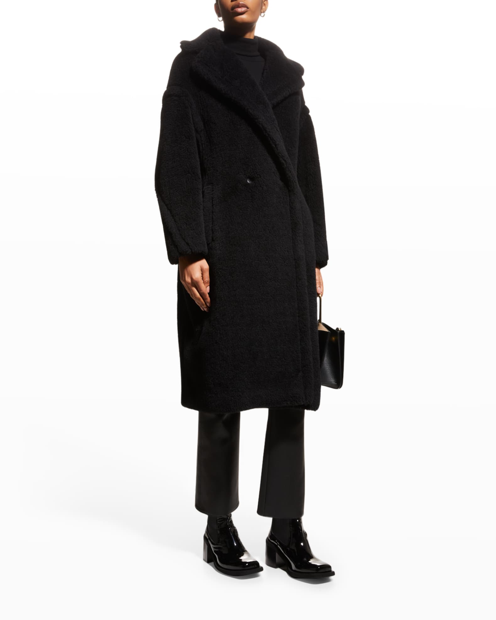 Alpaca-Silk Teddy Knit Coat, Black 1
