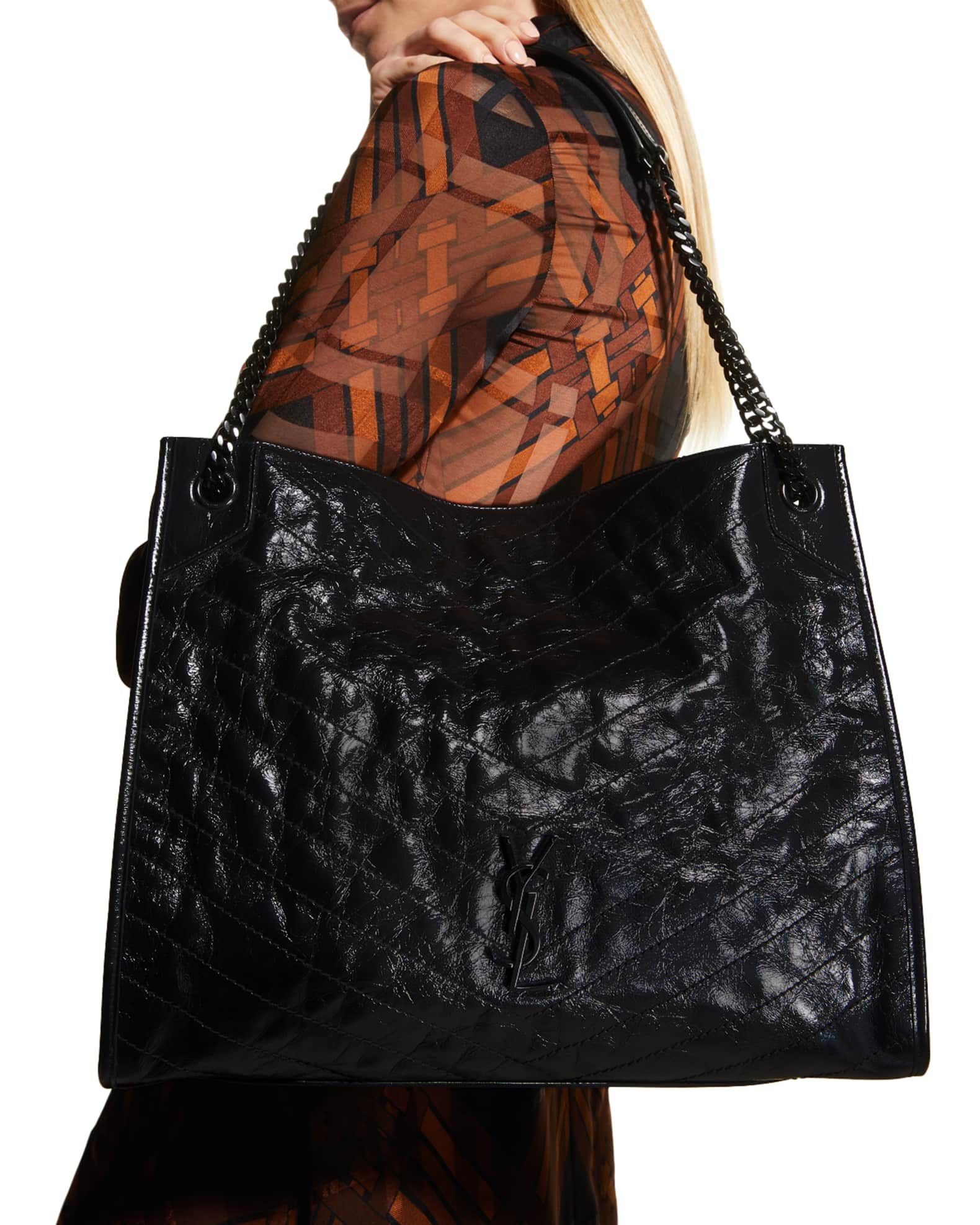 Saint Laurent Niki Large Crinkled Calf Shopper Shoulder Bag, Black