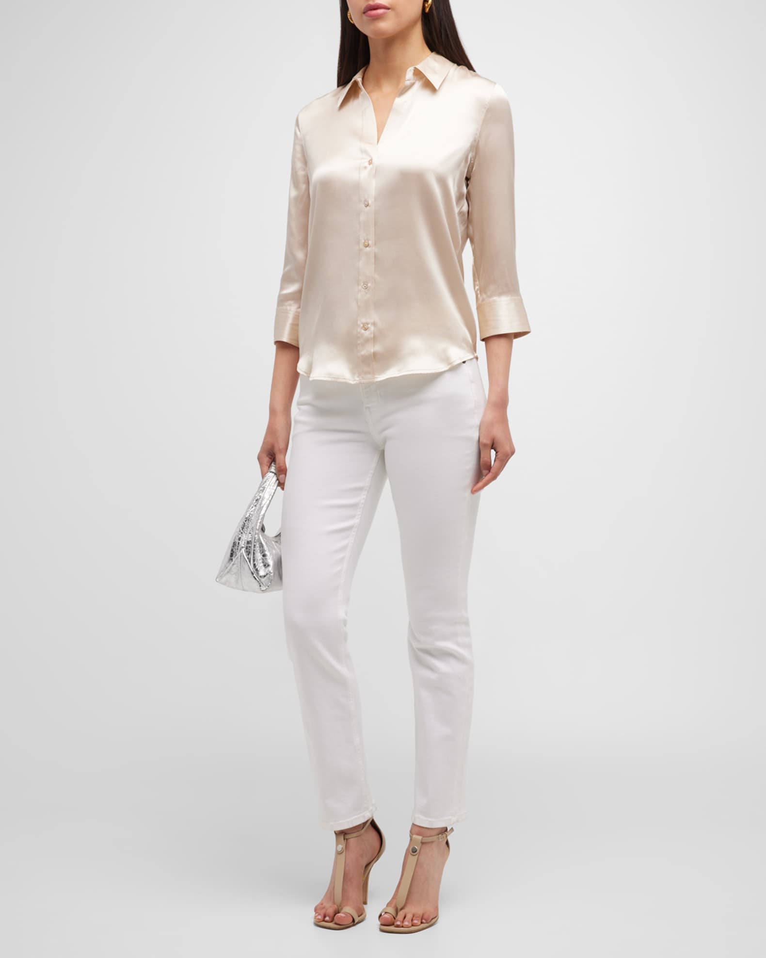 L'Agence Dani Silk Satin 3/4-Sleeve Button-Down Blouse | Neiman Marcus