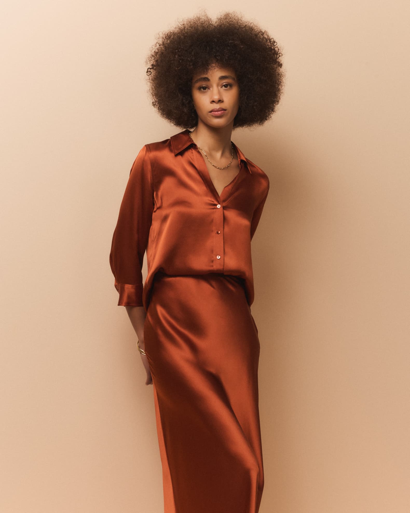 Dani Silk Satin 3/4-Sleeve Button-Down Blouse | Neiman Marcus
