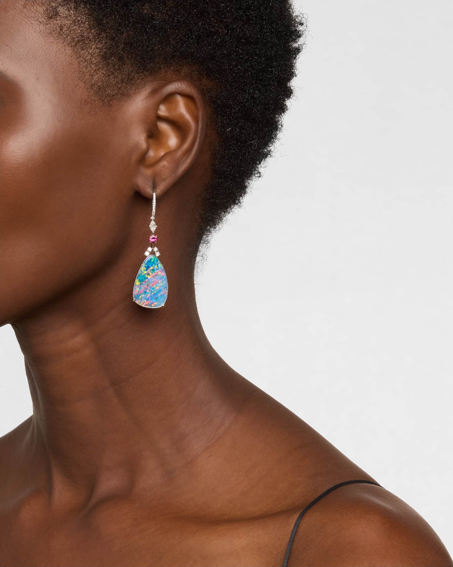 Platinum and 18K Yellow Gold Diamond, Opal and Ruby Drop Earrings 1