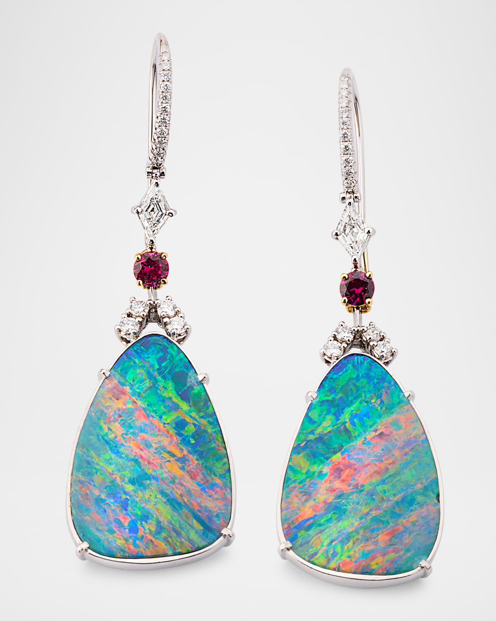 Platinum and 18K Yellow Gold Diamond, Opal and Ruby Drop Earrings 0
