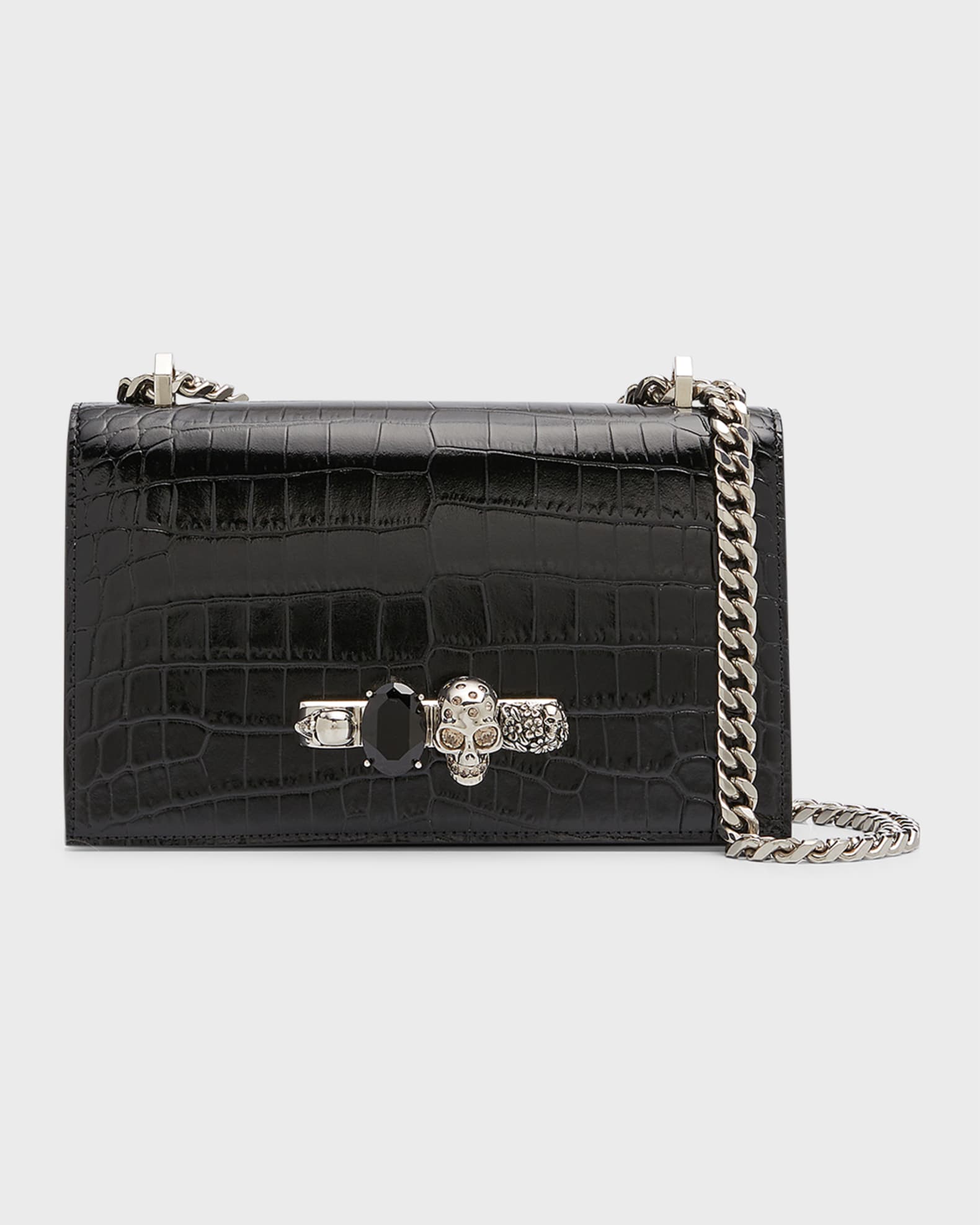 Shiny Croc-Embossed Jeweled Shoulder Bag 0