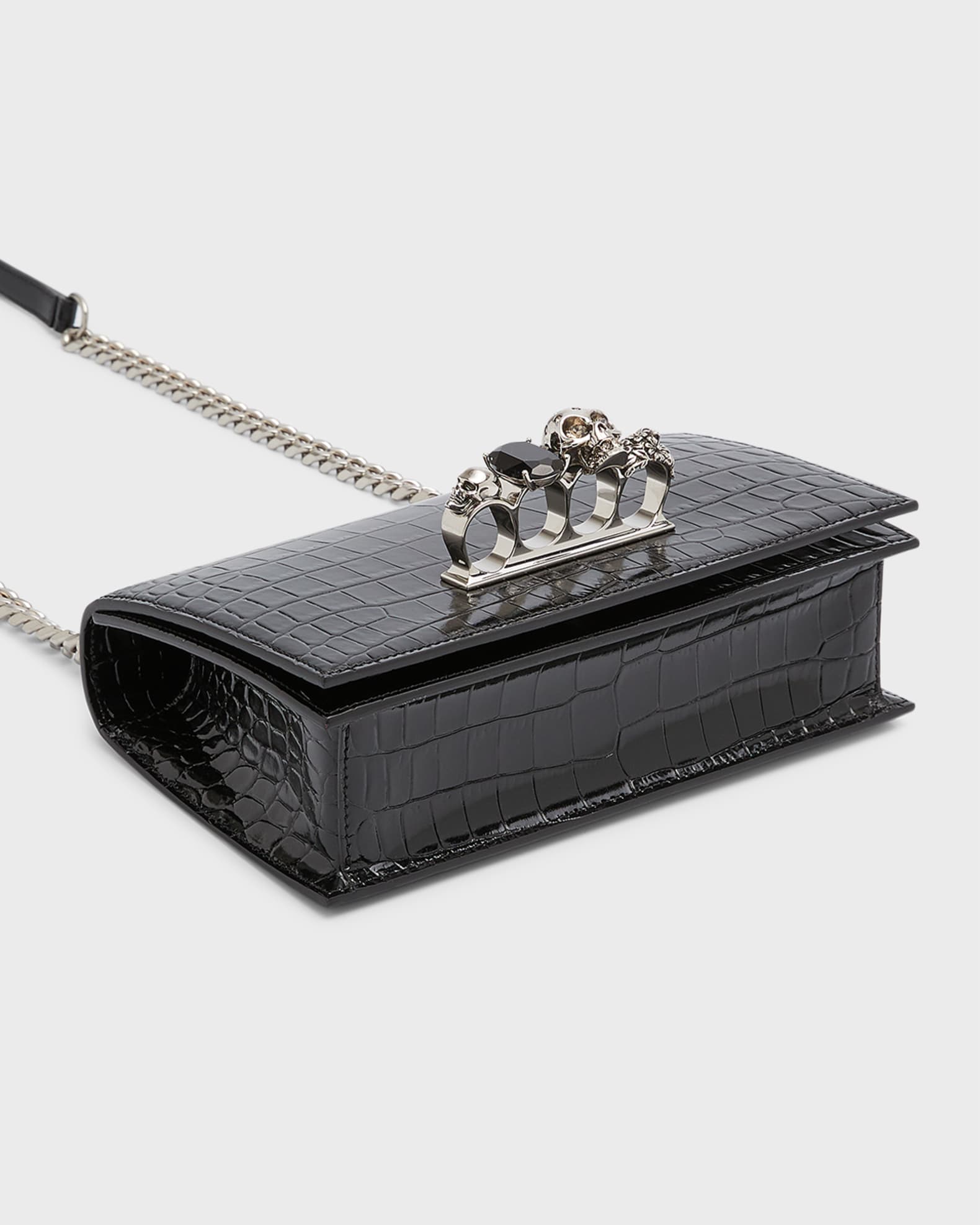 Shiny Croc-Embossed Jeweled Shoulder Bag 1