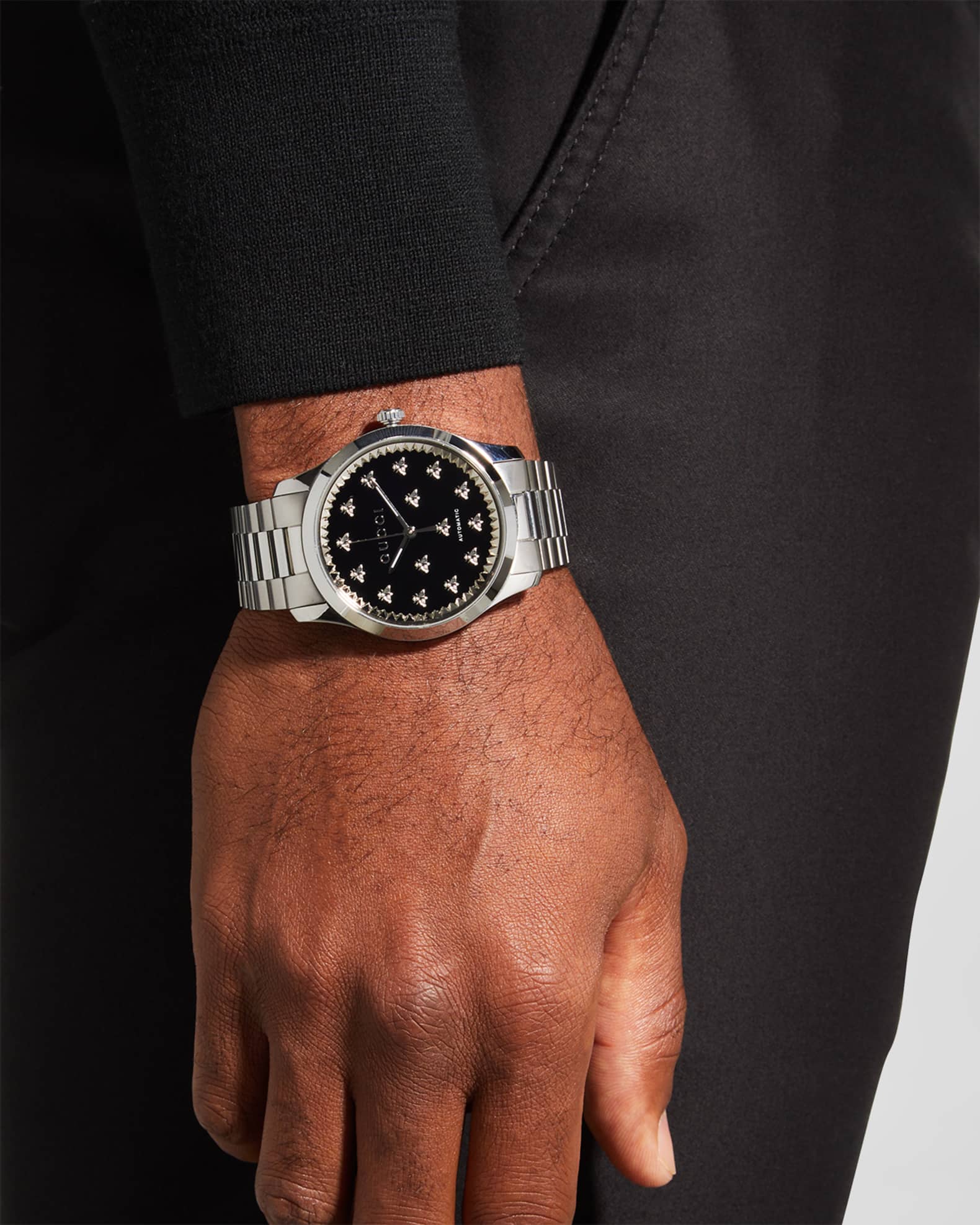 Gucci Men s 42mm Signature Bee Automatic Bracelet Watch with Black Onyx Dial Neiman Marcus
