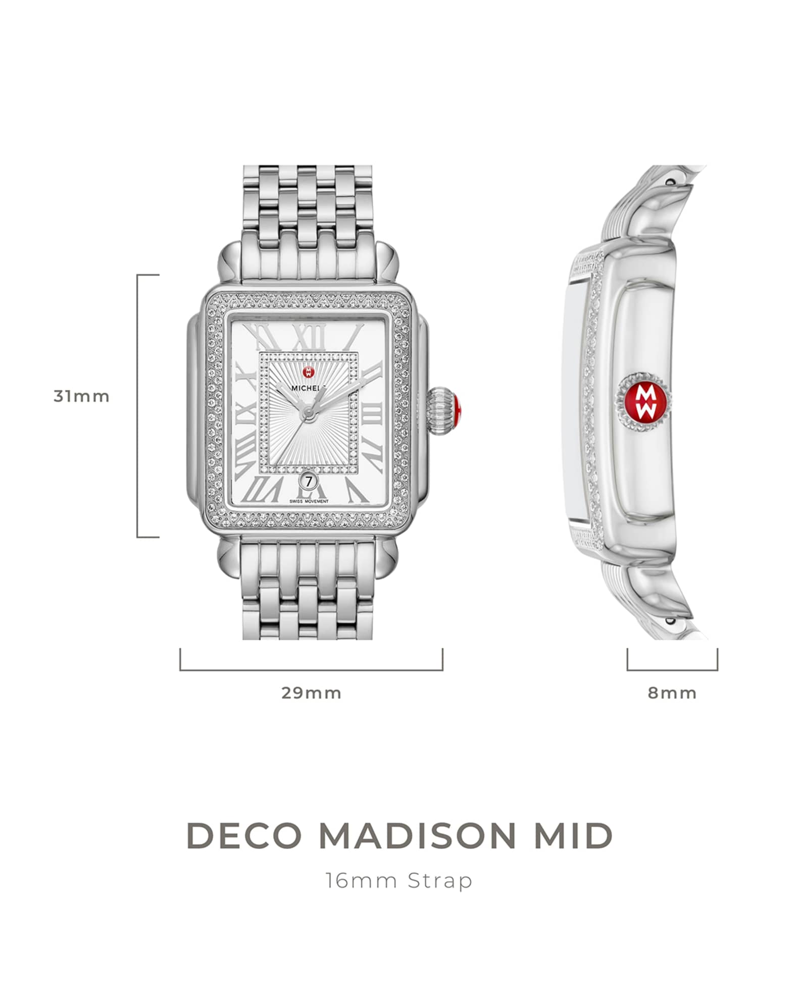 MICHELE Deco Madison Mid Diamond-Dial Watch, Silver/White Neiman