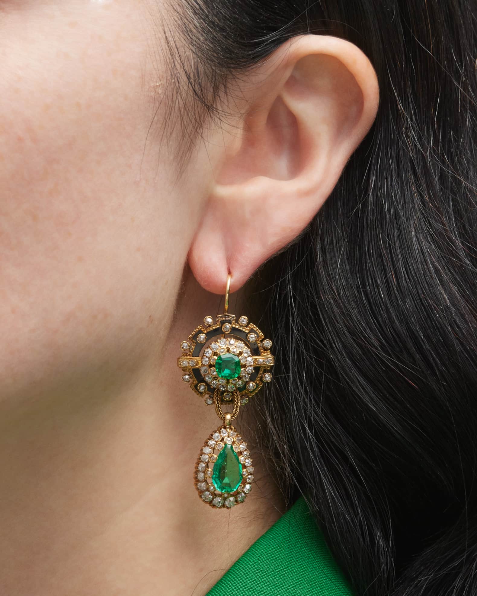 Estate Victorian Emerald & Diamond Enamel Drop Earrings 1