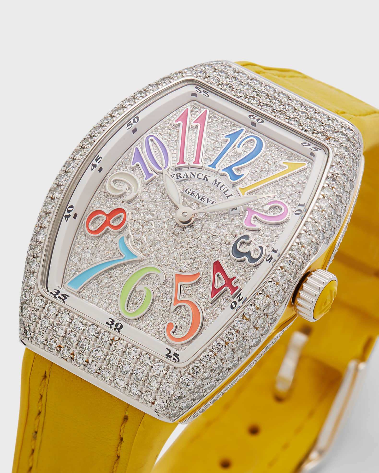 Franck Muller 32mm Stainless Steel Vanguard Color Dreams Diamond Watch with Yellow Alligator Strap Neiman Marcus