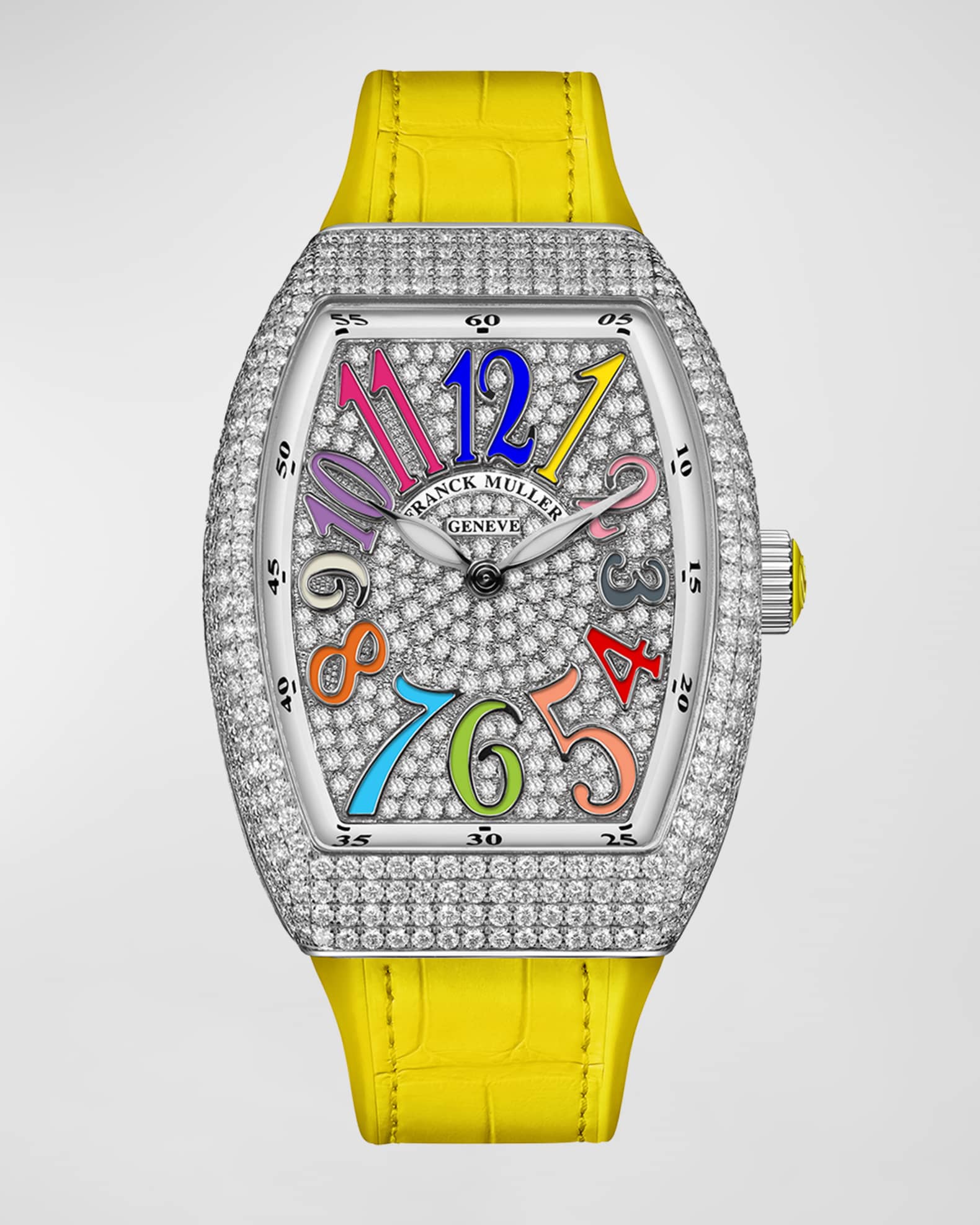 Franck Muller 32mm Stainless Steel Vanguard Color Dreams Diamond Watch with Yellow Alligator Strap Neiman Marcus