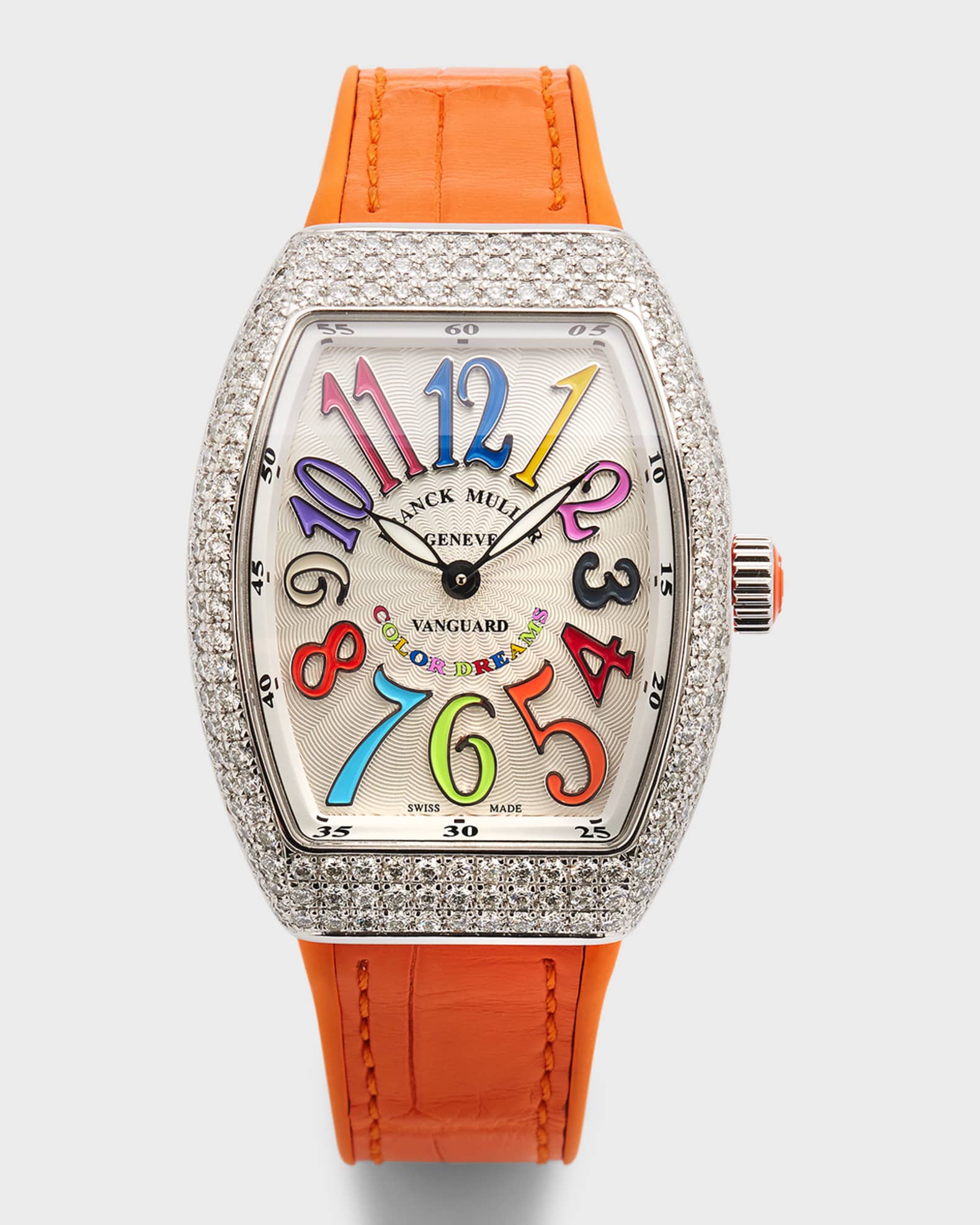 Franck Muller 32mm Stainless Steel Vanguard Color Dreams Diamond Watch with Orange Alligator Strap Neiman Marcus