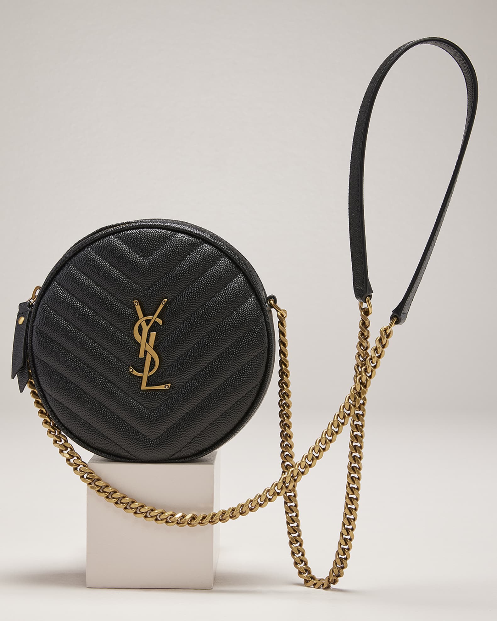Saint Laurent Vinyle YSL Round Quilted Grain de Poudre Crossbody Bag