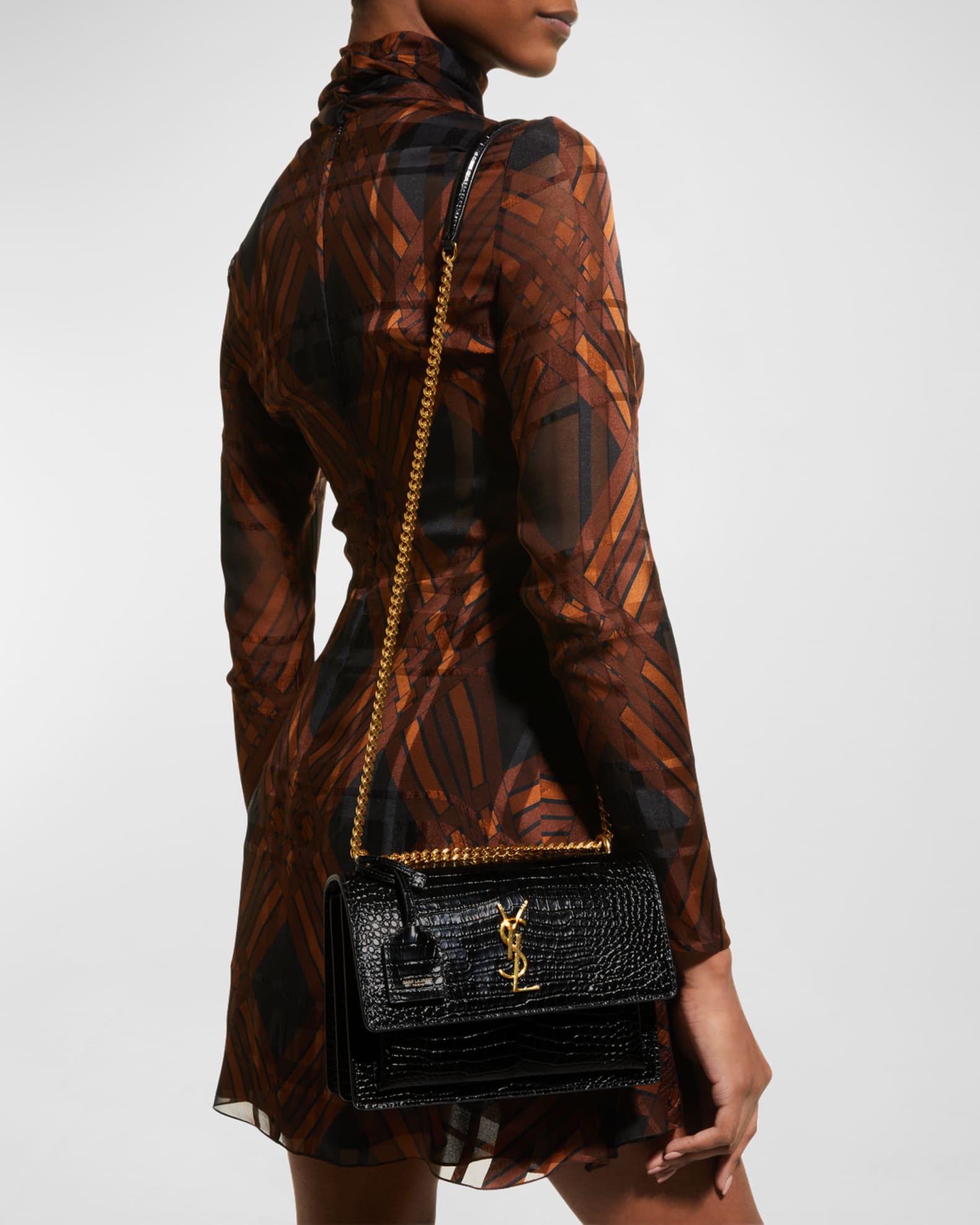 Saint Laurent Sunset Medium YSL Crossbody Bag in Croc Embossed Leather Neiman Marcus