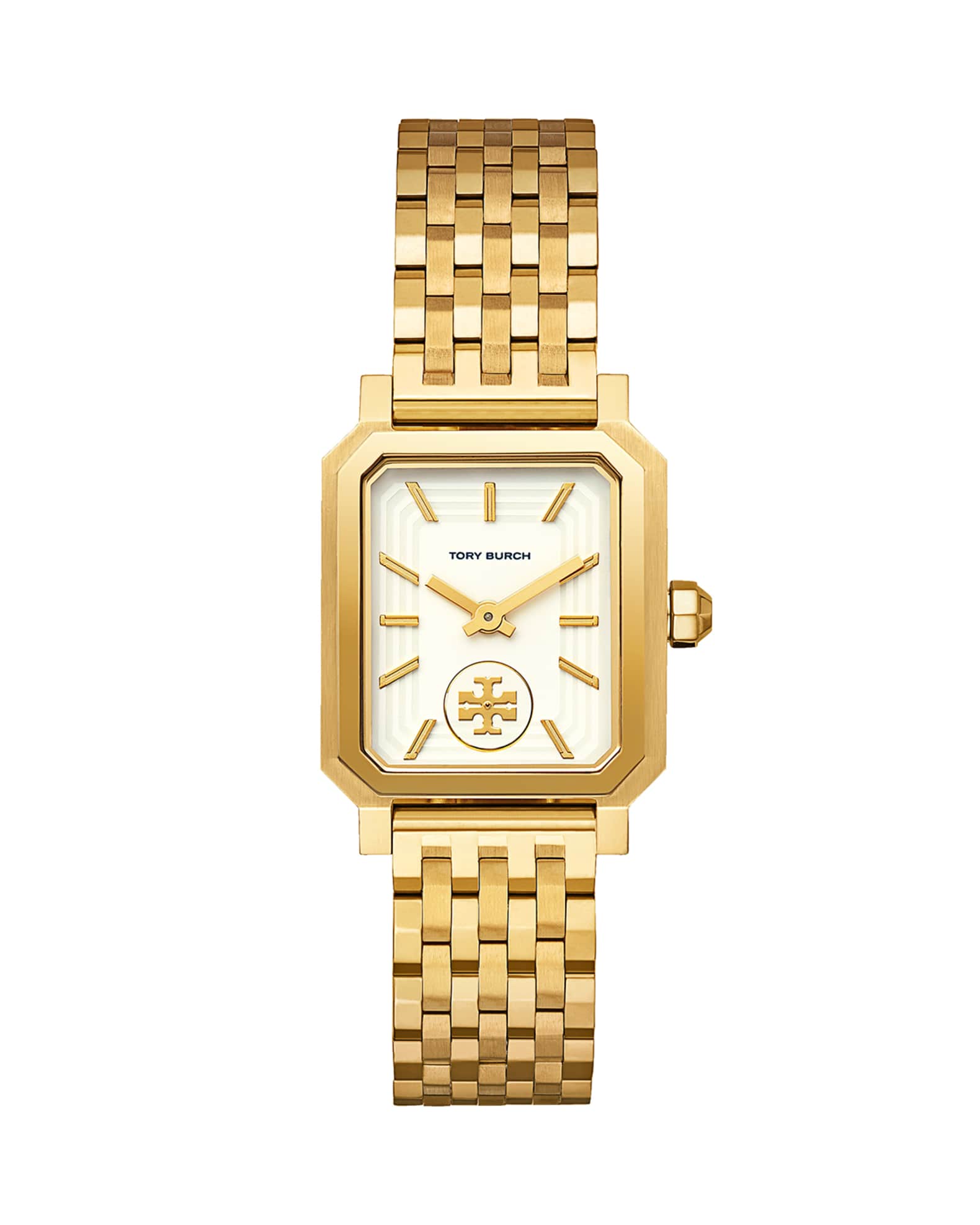 Tory Burch 27mm Robinson Bracelet Watch w/ Moving Logo, Gold | Neiman Marcus