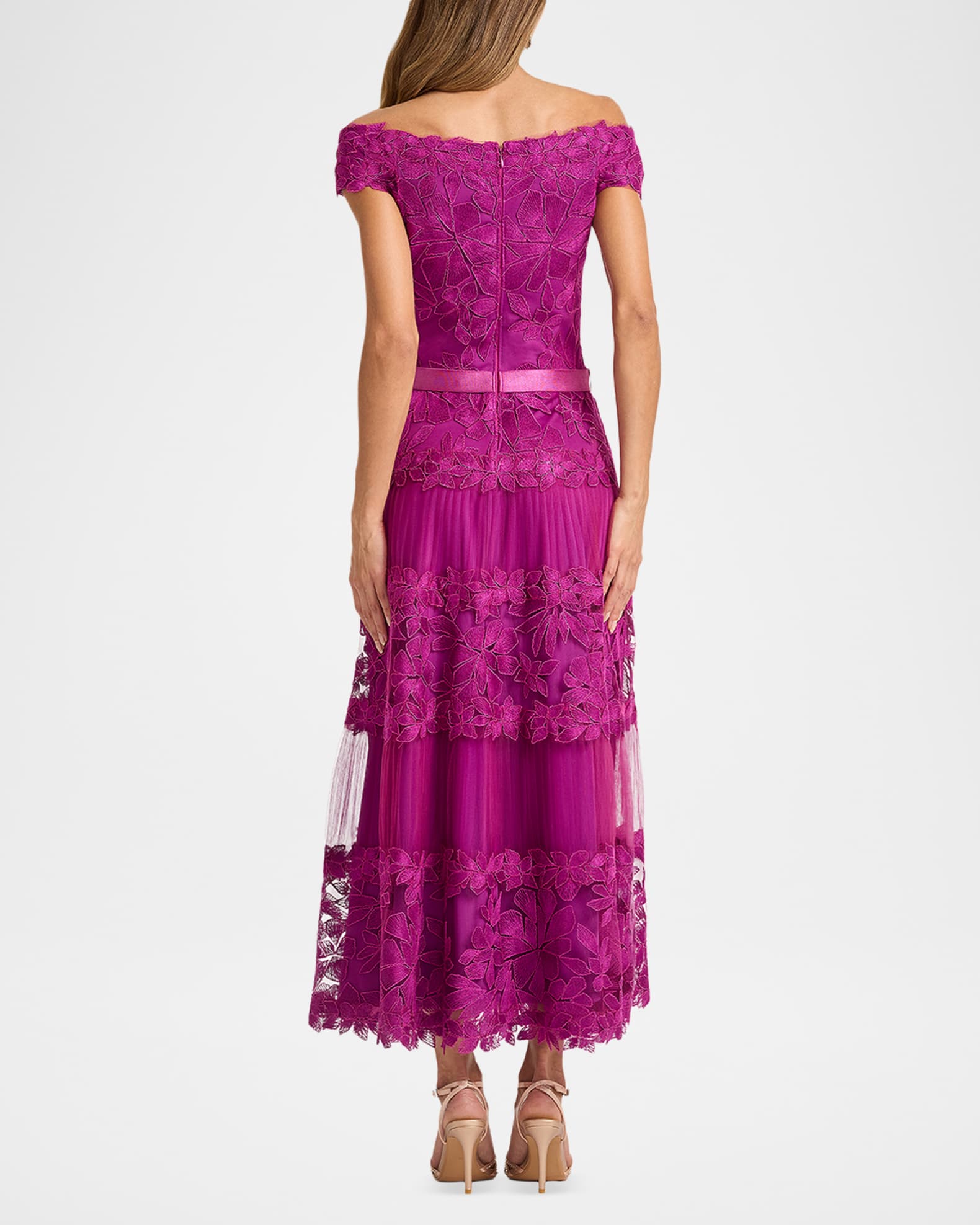 Off-the-Shoulder Cap-Sleeve Lace Midi Dress | Neiman Marcus