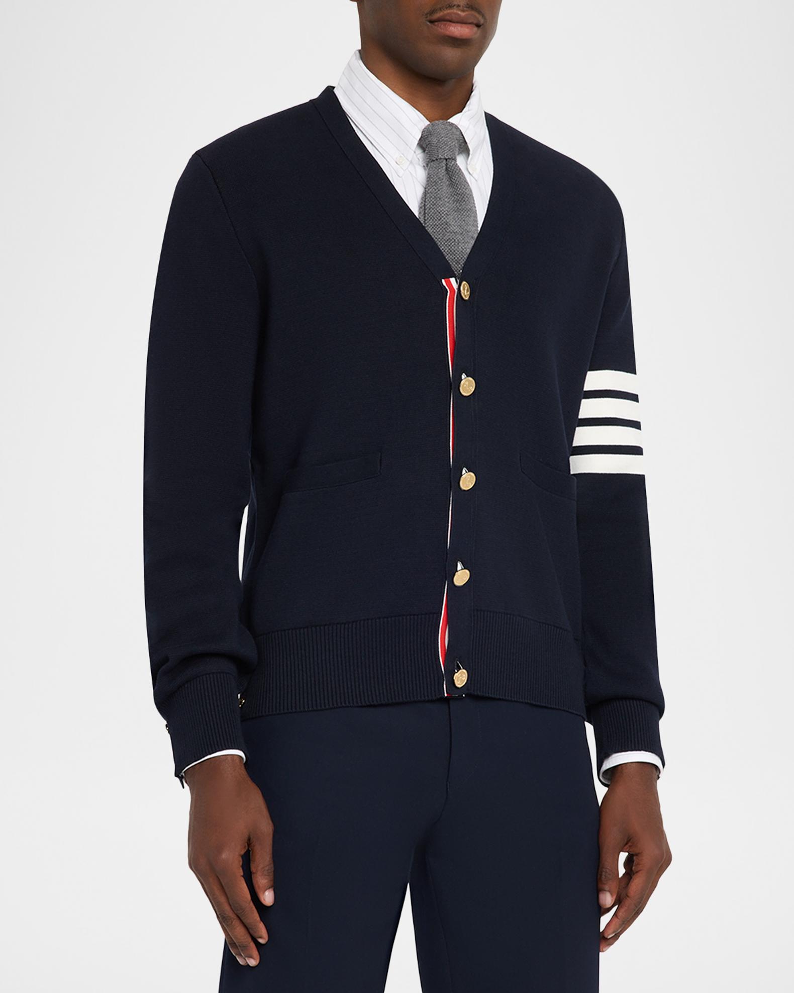 Thom Browne Men's Milano Stitch V Neck Cardigan In Cotton W 4 Bar