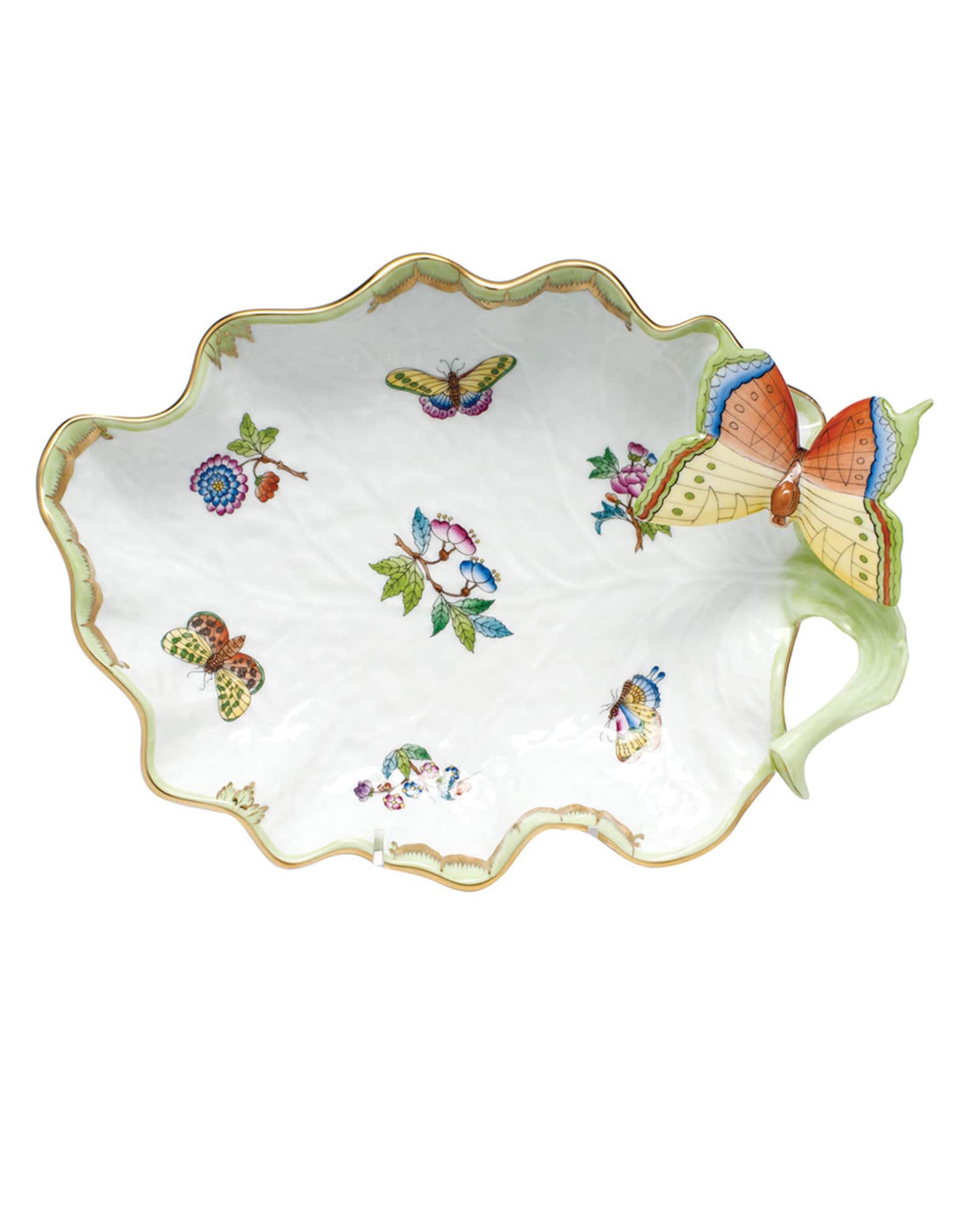 Herend Queen Victoria Green Large Leaf Dish with Butterfly