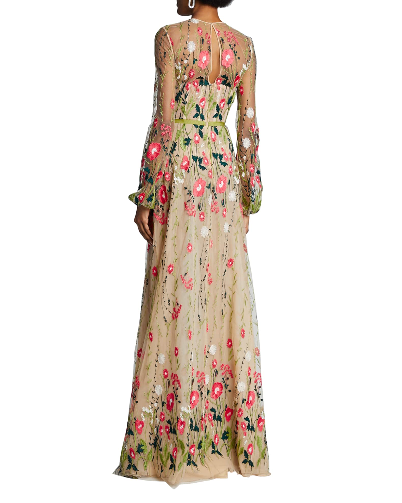 Naeem Khan Sheer Floral Applique Gown with Belt | Neiman Marcus
