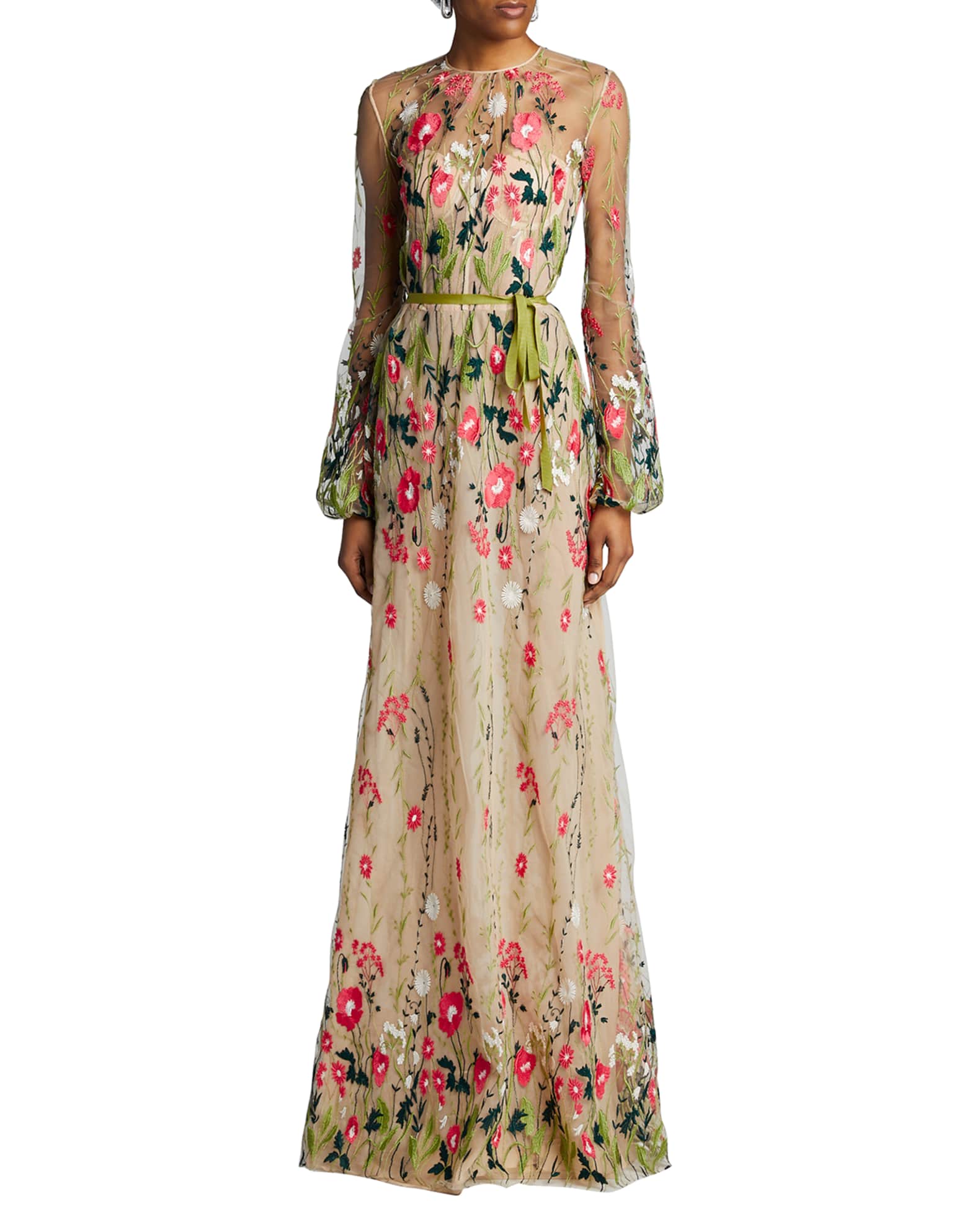 Sheer Floral Applique Gown with Belt