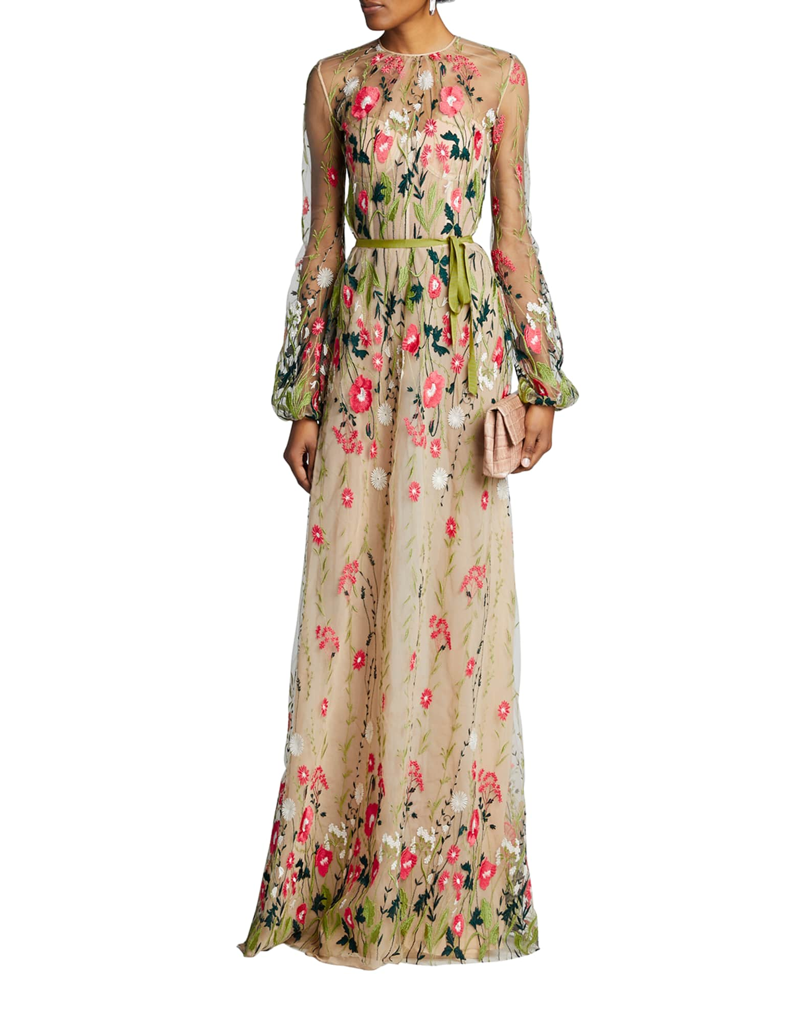 Naeem Khan Sheer Floral Applique Gown with Belt | Neiman Marcus